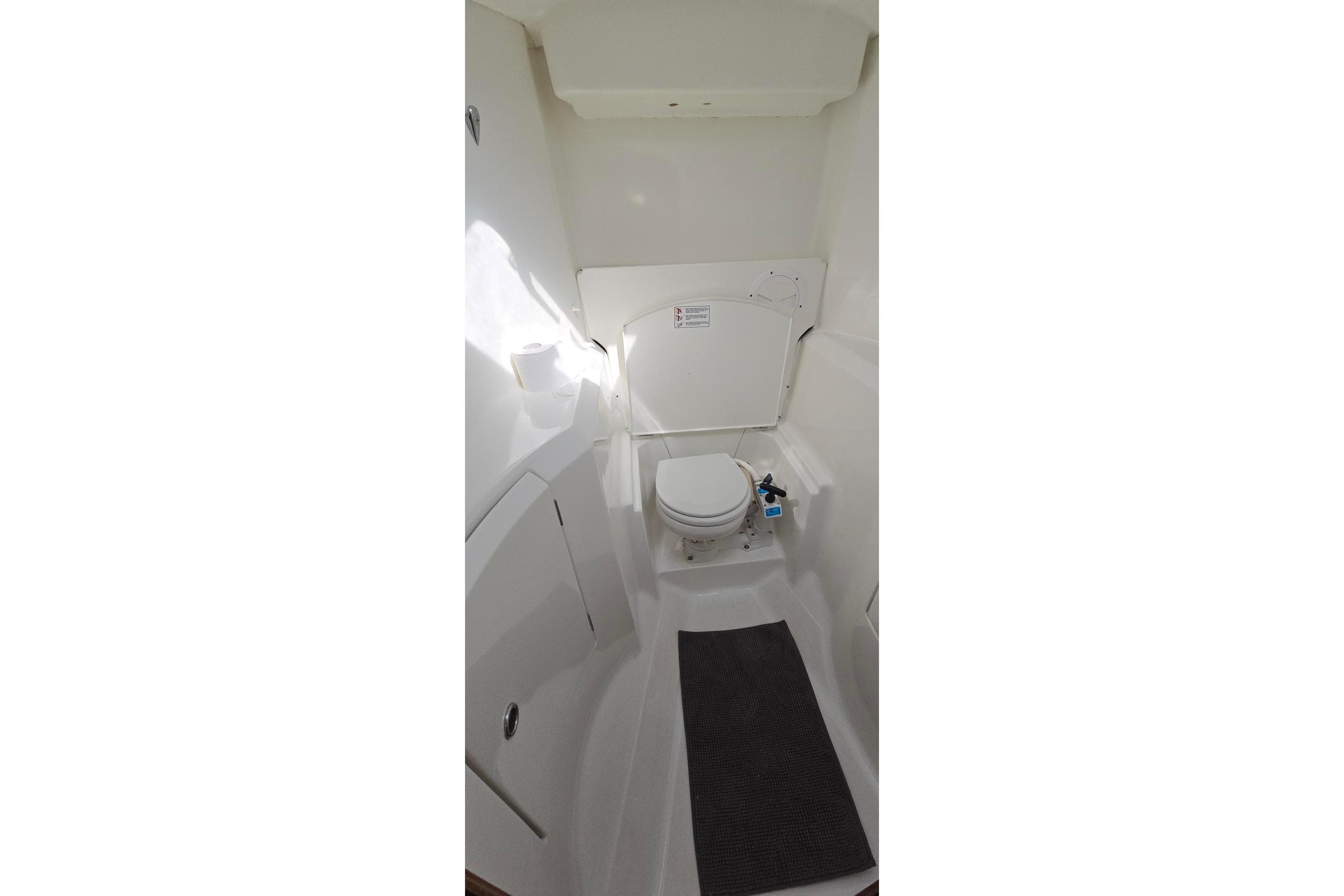 Bathroom interior of 1998 Beneteau Oceanis 411 yacht, featuring compact toilet and storage.