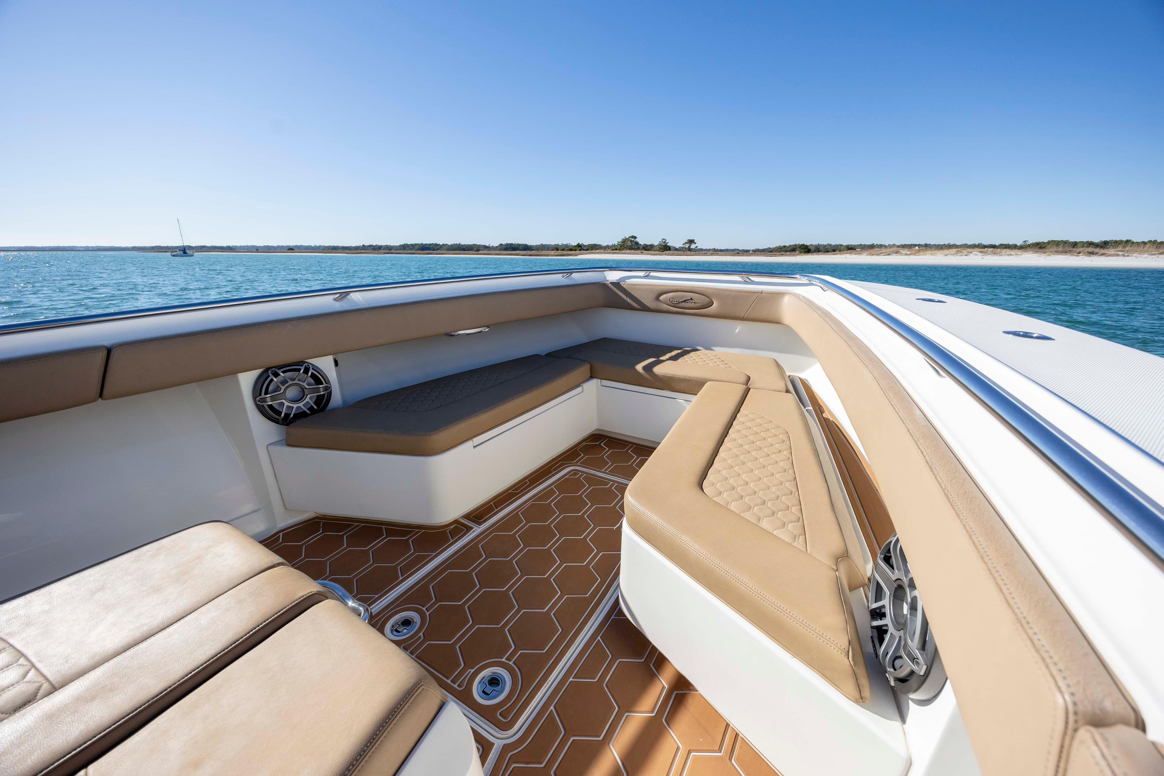 Luxurious seating on 2020 Blackwater 41 Tournament boat with ocean view.
