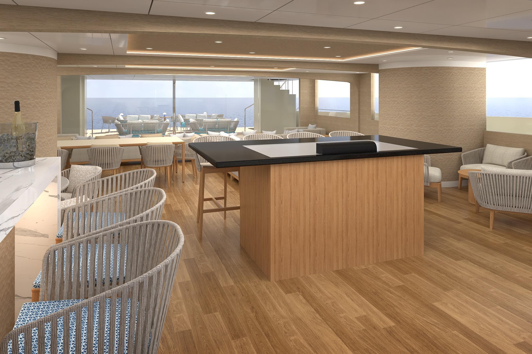 Luxurious yacht interior with modern seating, wooden flooring, and ocean view, Custom Amaranta 85, 2026.
