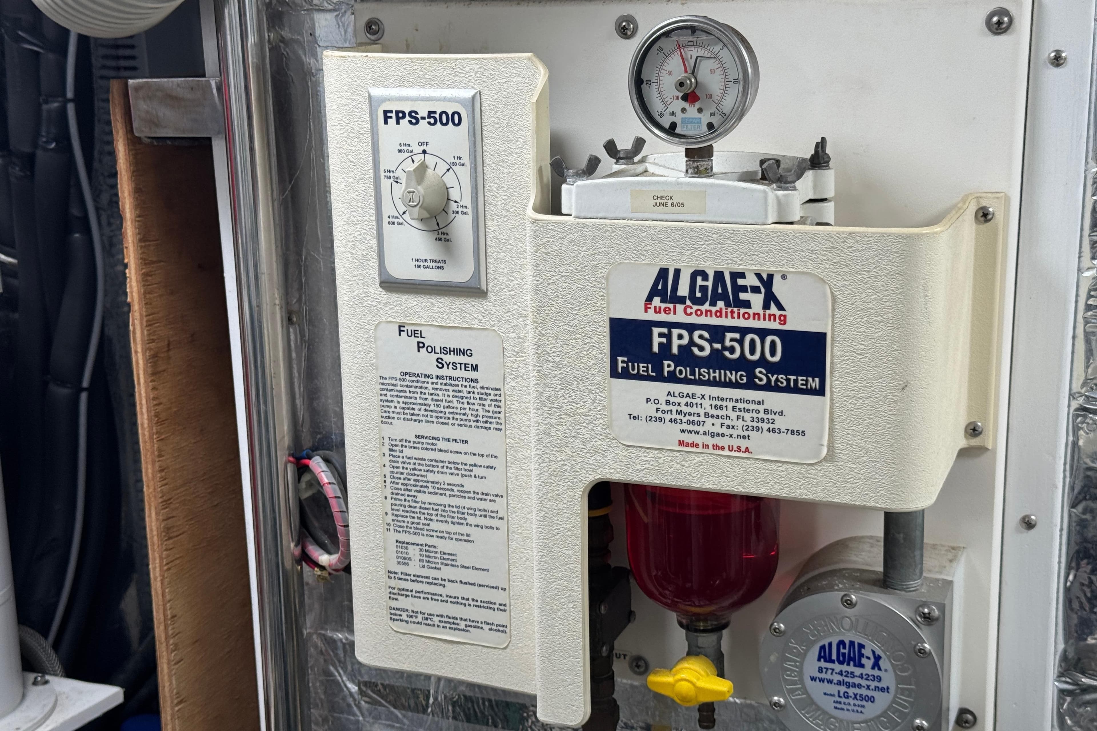 Algae-X FPS-500 fuel polishing system in a 2003 Altima 55 Pilothouse boat.