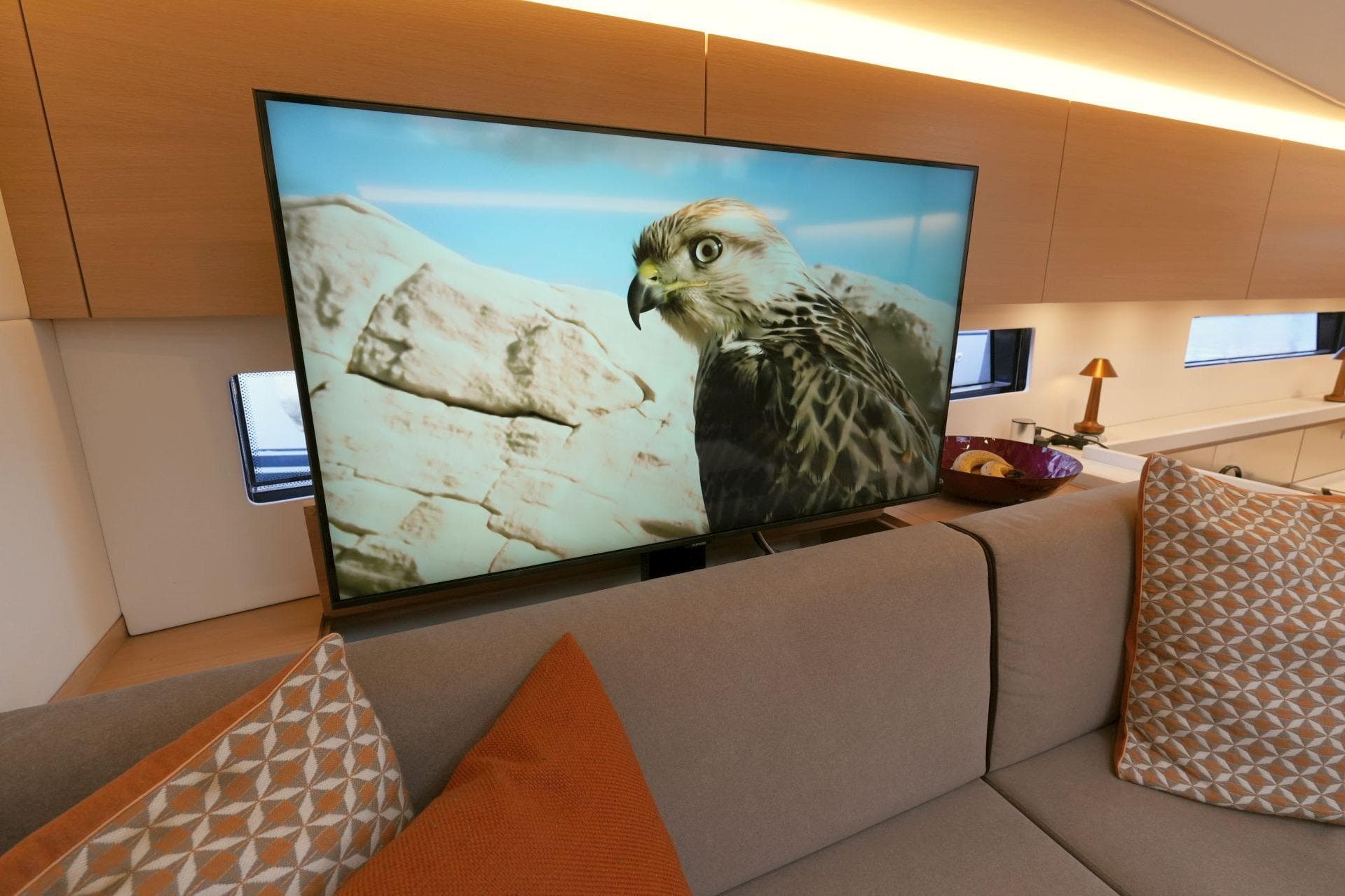 Modern yacht interior with TV displaying a hawk, Amel 50, 2020 model.