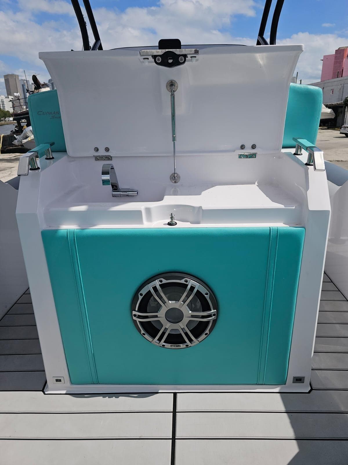 2025 Ranieri CAYMAN 27.0 SPORT TOURING boat interior with sink and speaker