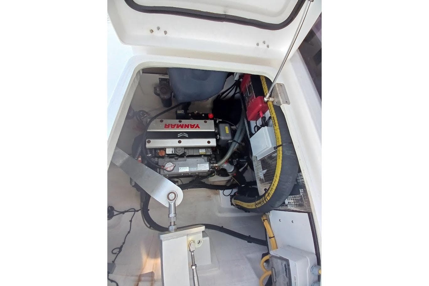 Engine compartment of a 2022 Leopard 42 yacht featuring a Yanmar engine.