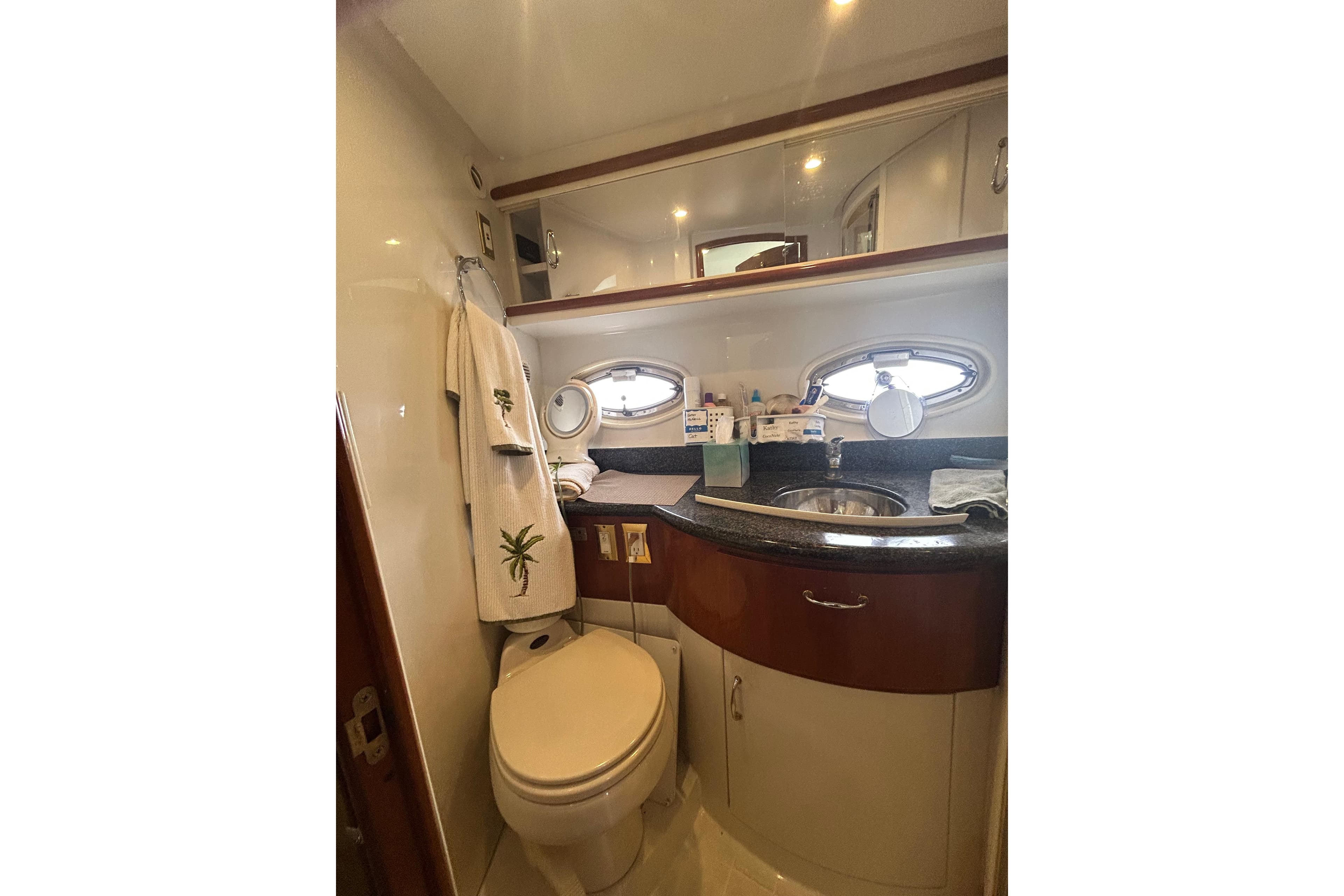 Bathroom interior of 2003 Carver 444 Cockpit Motor Yacht with sink and porthole windows.