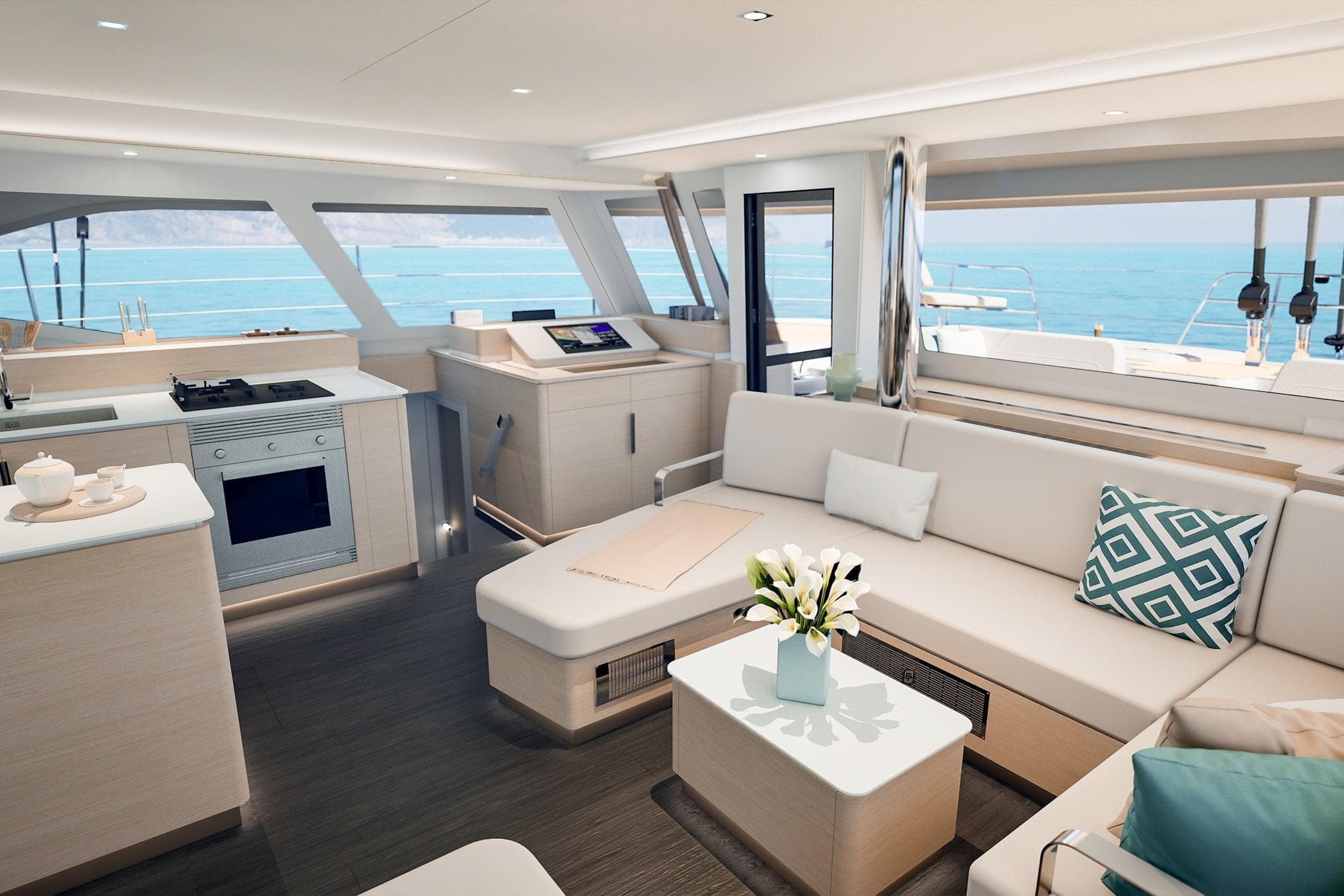 Luxurious interior of 2026 Fountaine Pajot FP 55 yacht with modern kitchen and seating area.