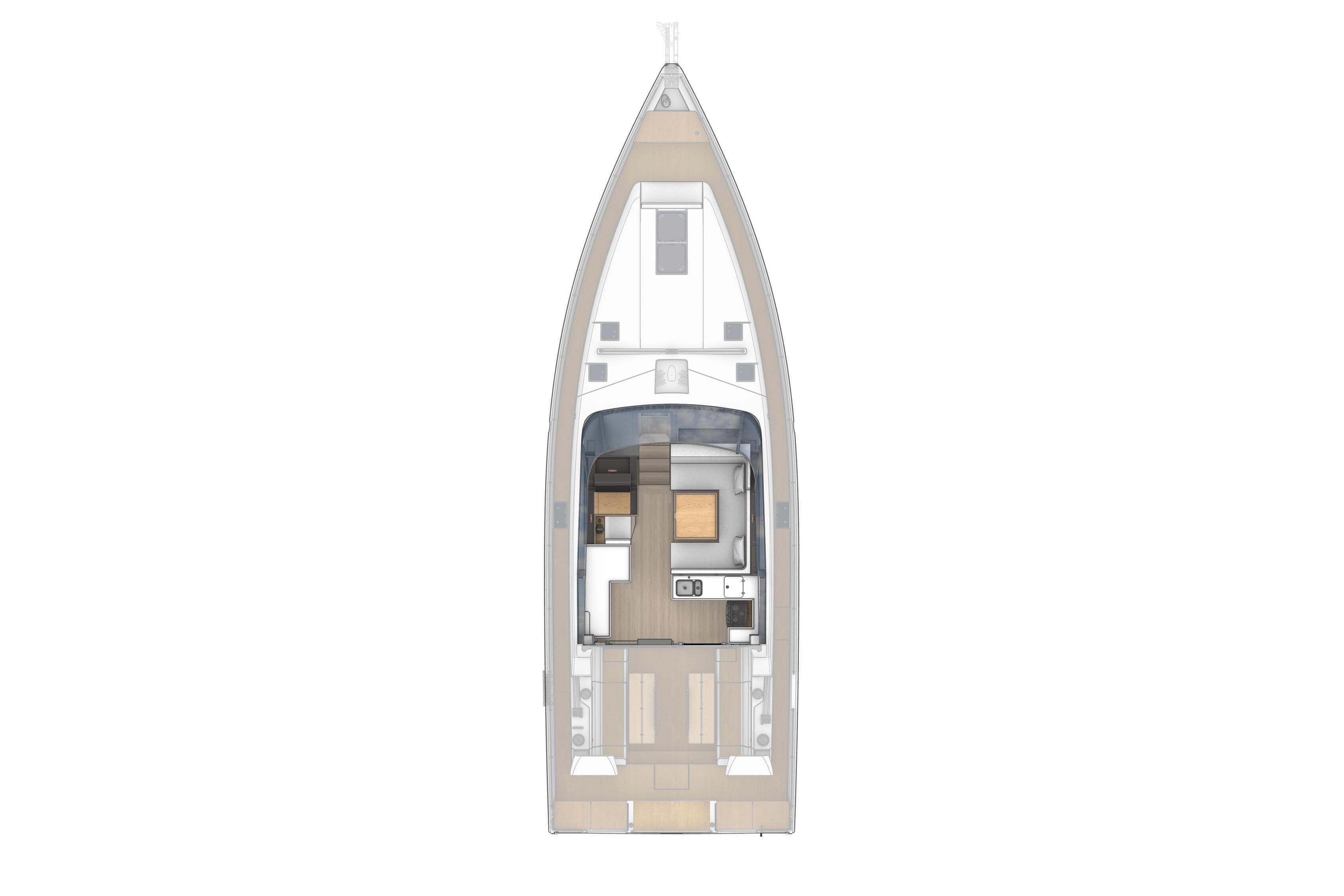 Top view of 2026 Moody 48 DS yacht interior layout.