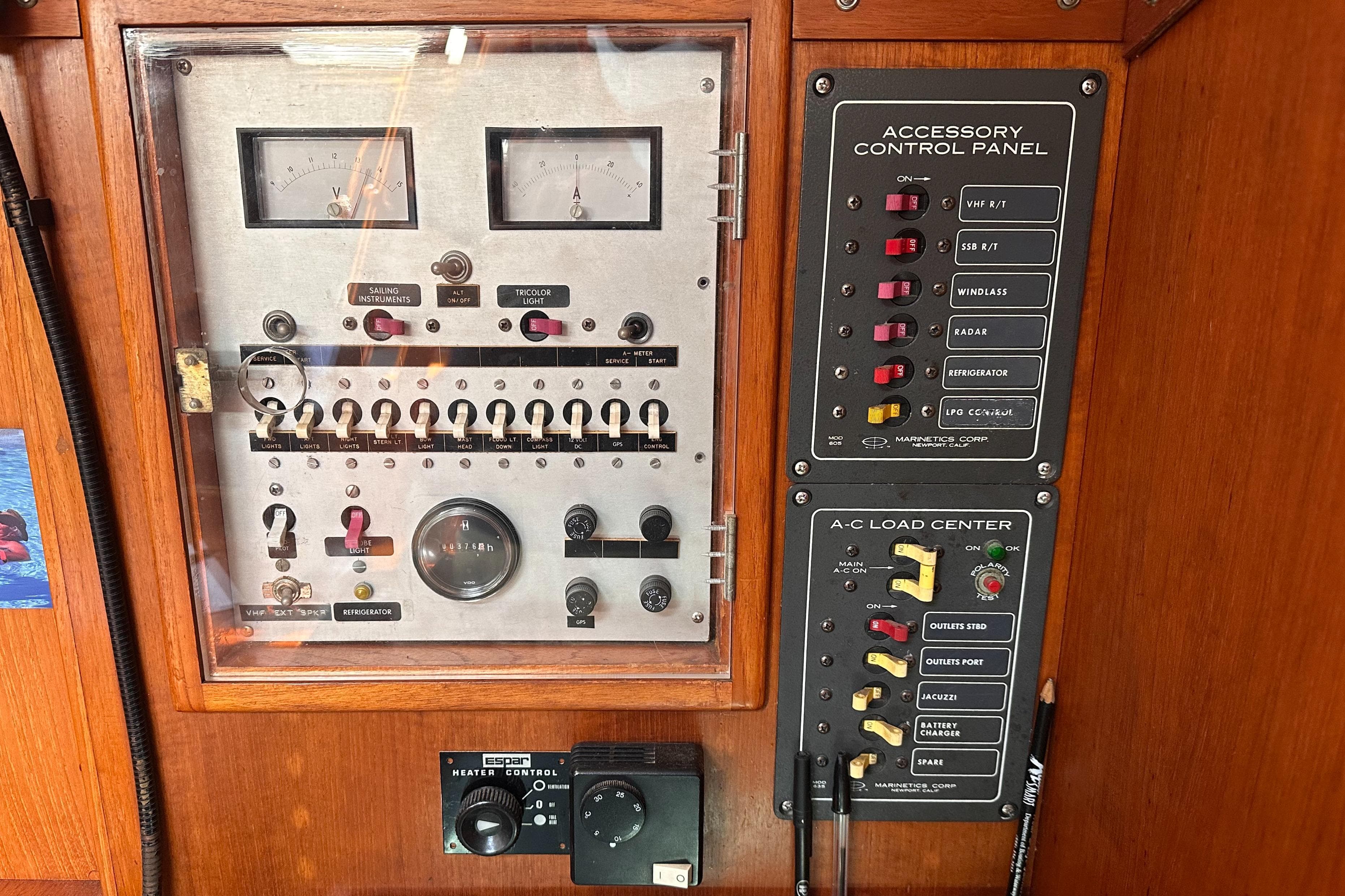 Control panel of a 1980 Nautor Swan 371 sailboat with various switches and gauges.