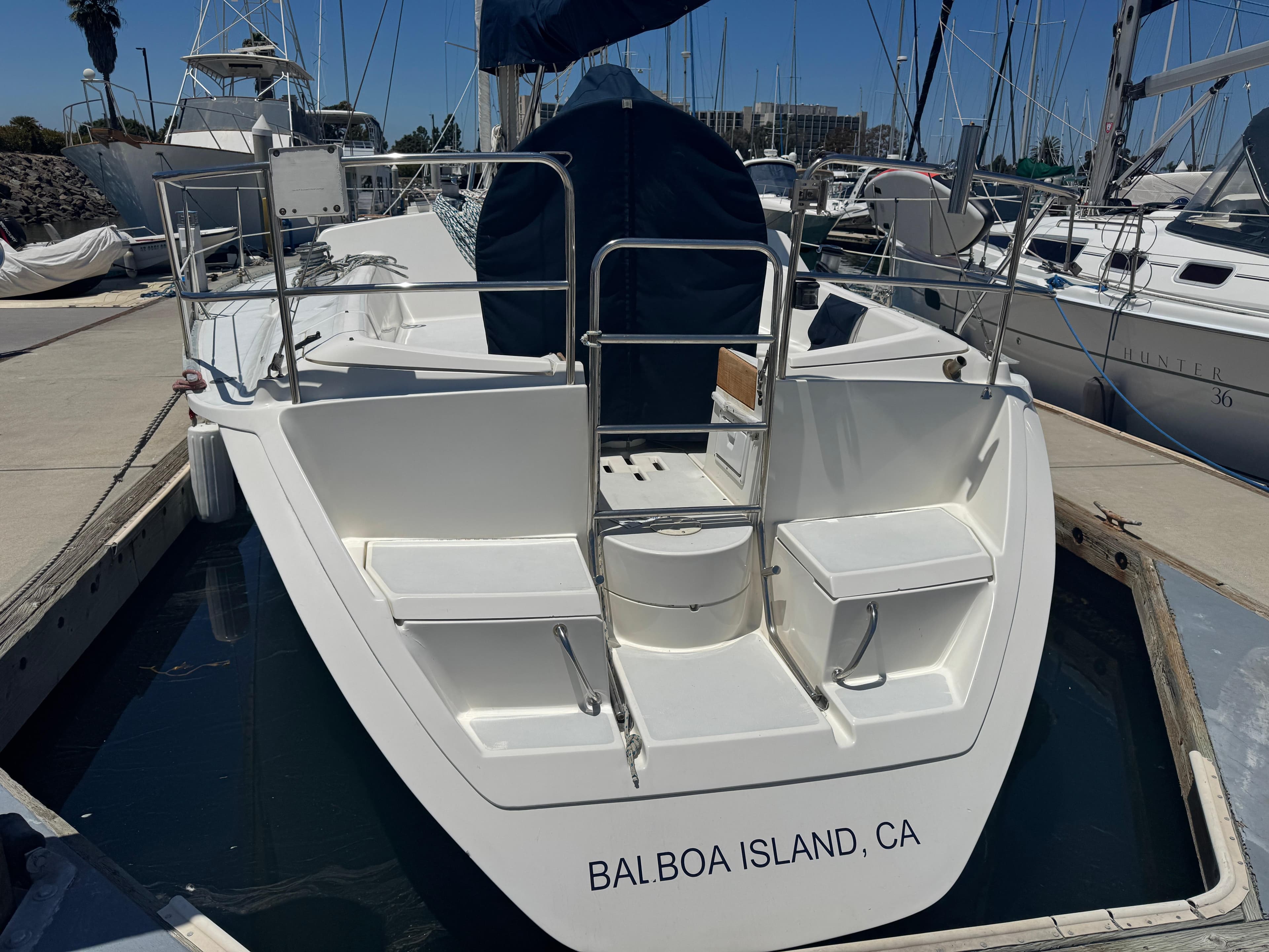 1992 Hunter Legend 375 sailboat docked at Balboa Island, CA marina.