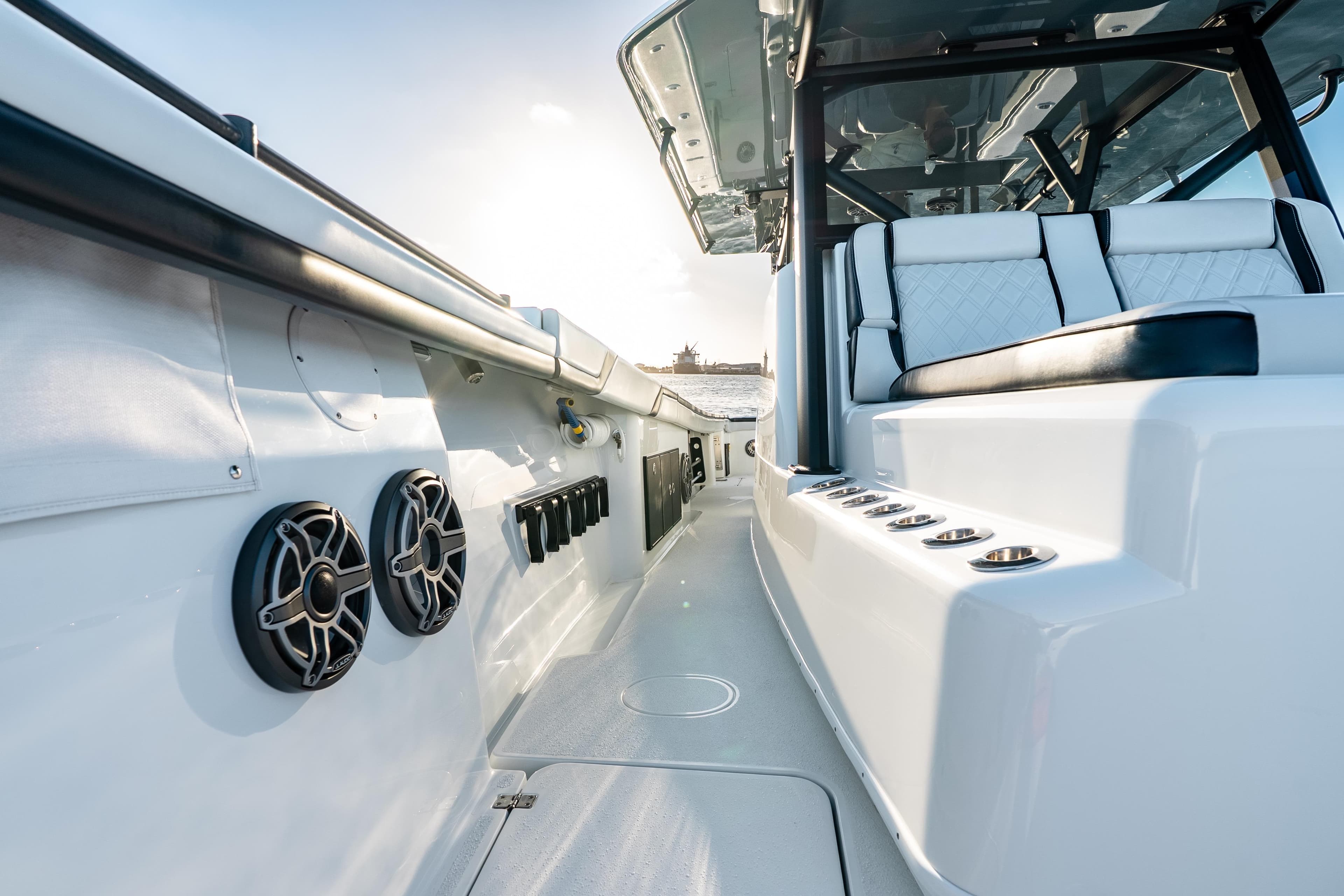 2023 Yellowfin 42 Offshore boat interior with sleek seating and modern design.