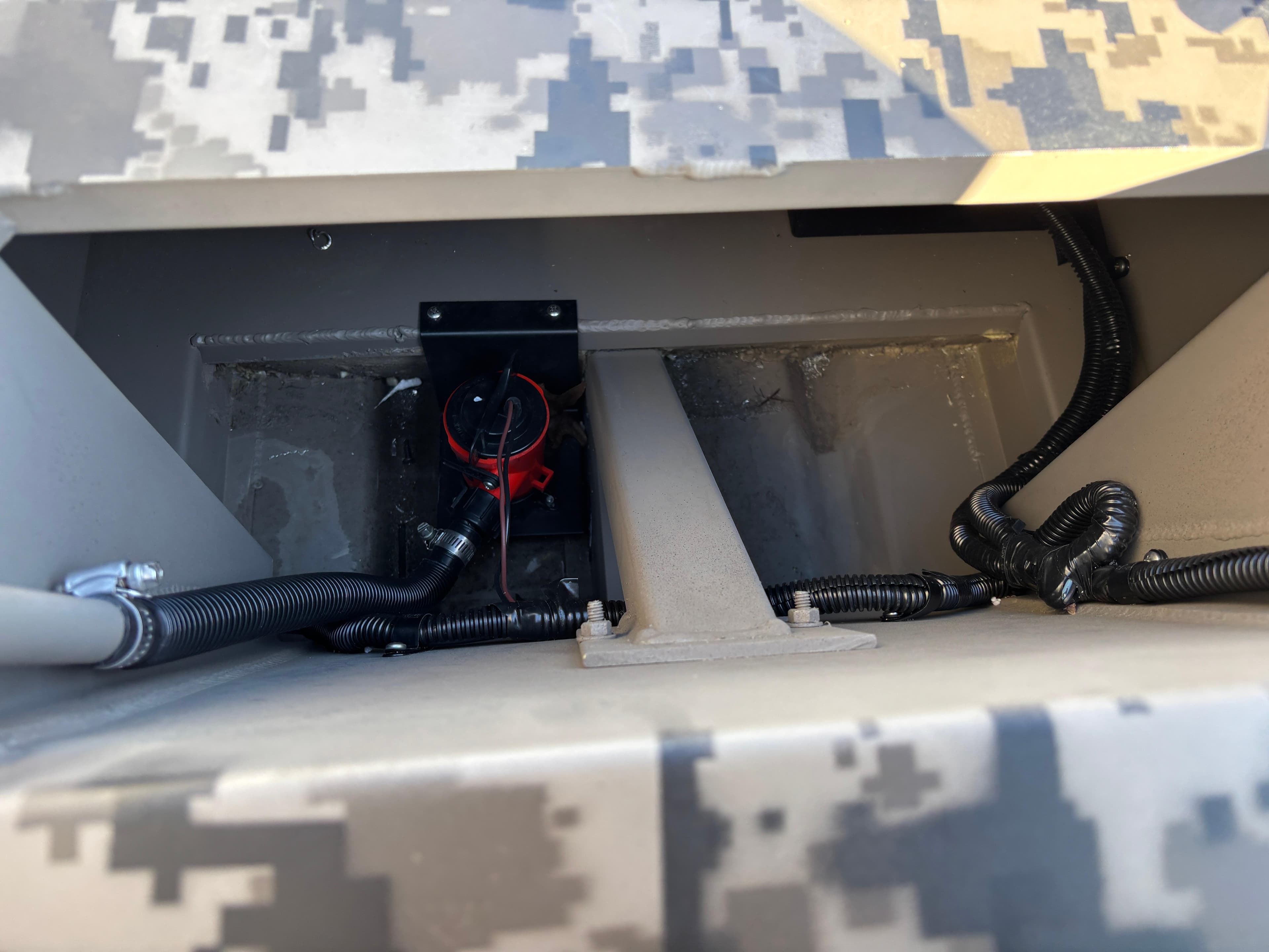 2025 Edge Duck Boats 756DB interior wiring and battery compartment.