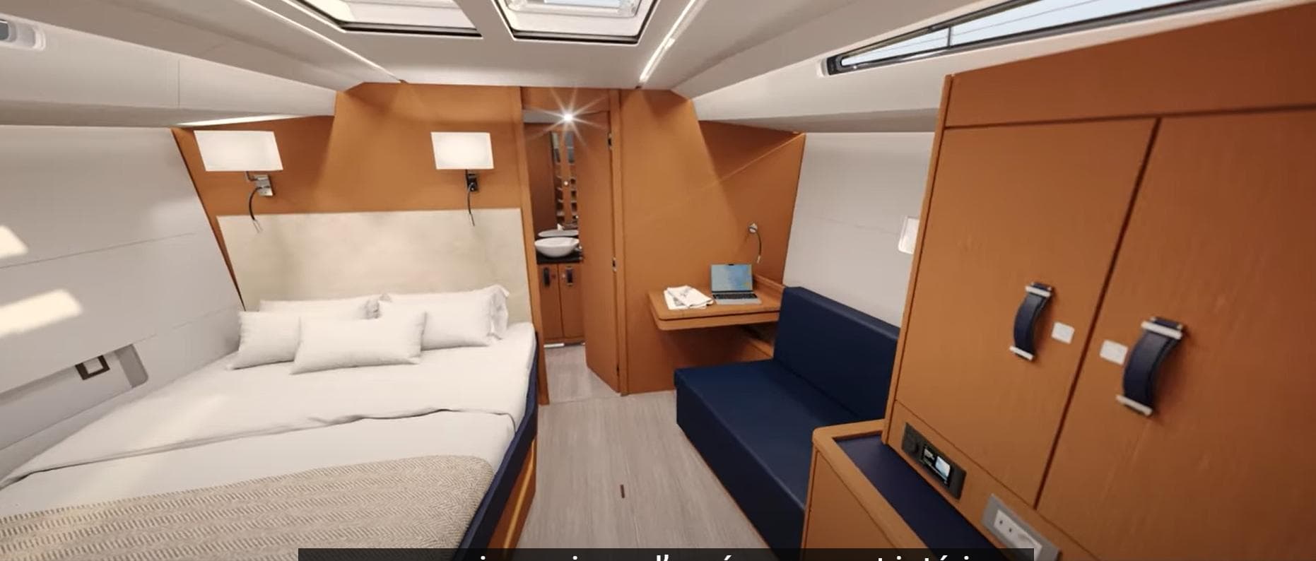 Luxurious interior of 2024 Jeanneau Yacht 55 with modern design and cozy furnishings.