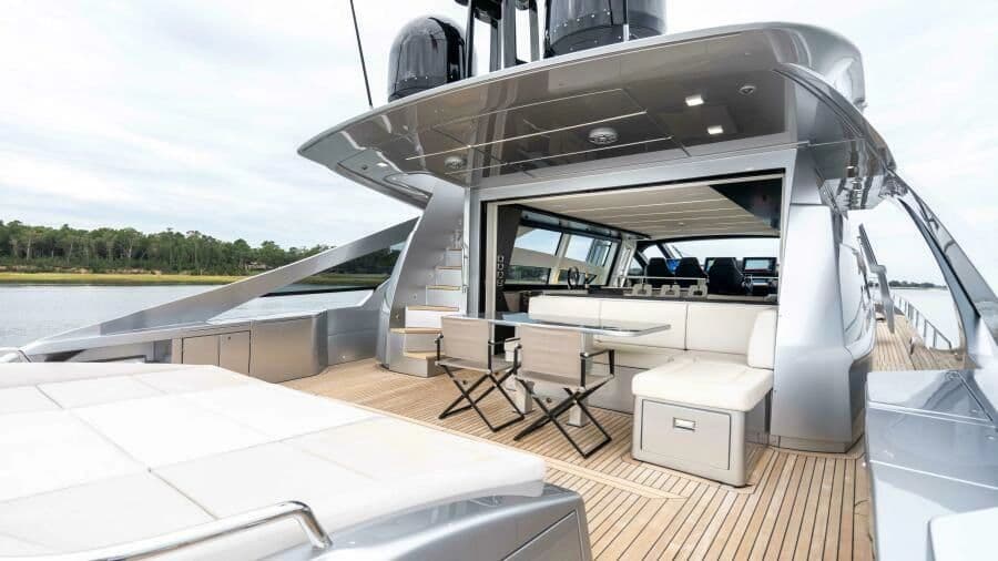 Luxurious Pershing 9X yacht deck with modern amenities, 2022 model.