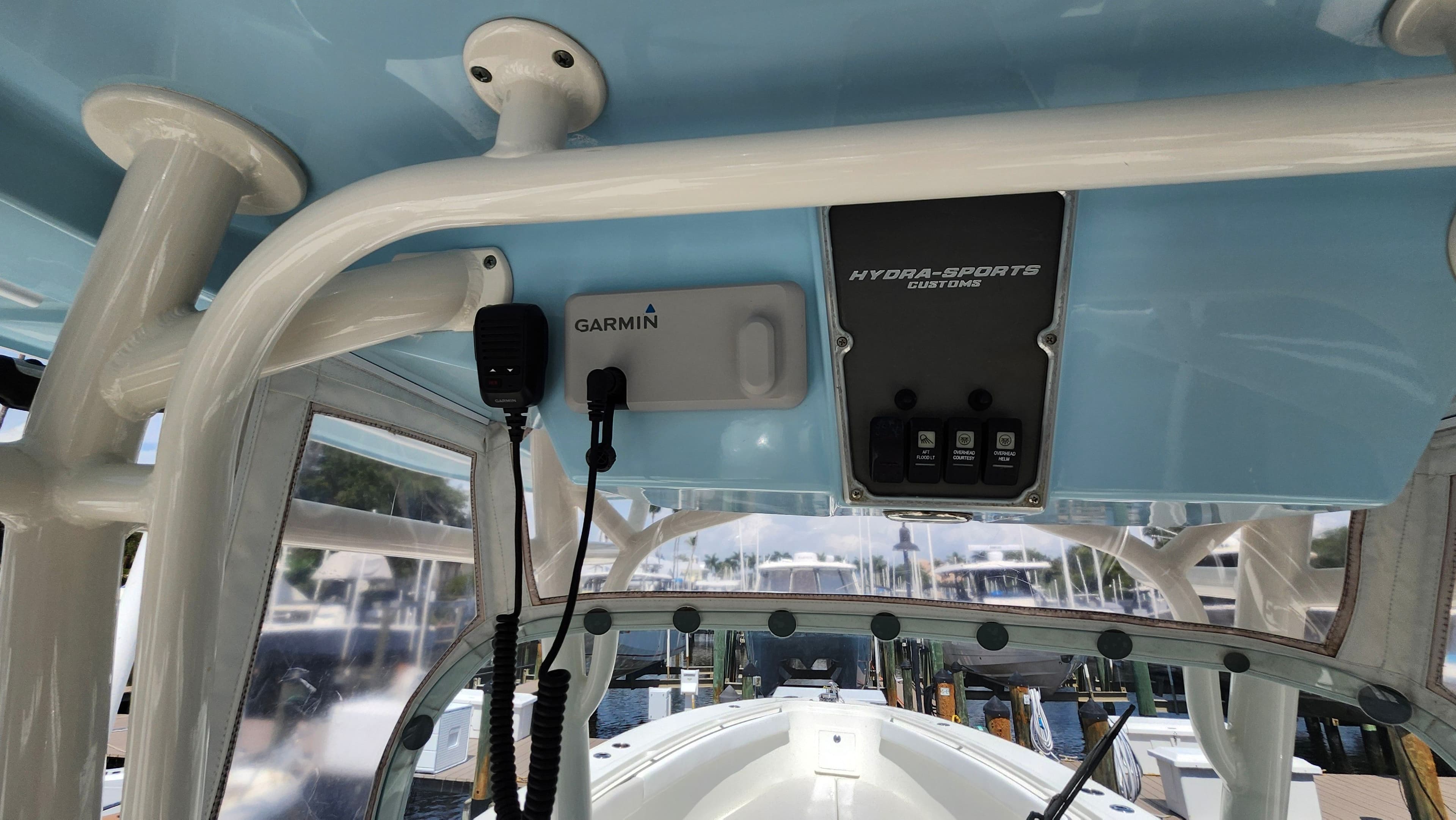 Interior view of a 2014 Hydra-Sports 3400 CC boat with Garmin equipment.