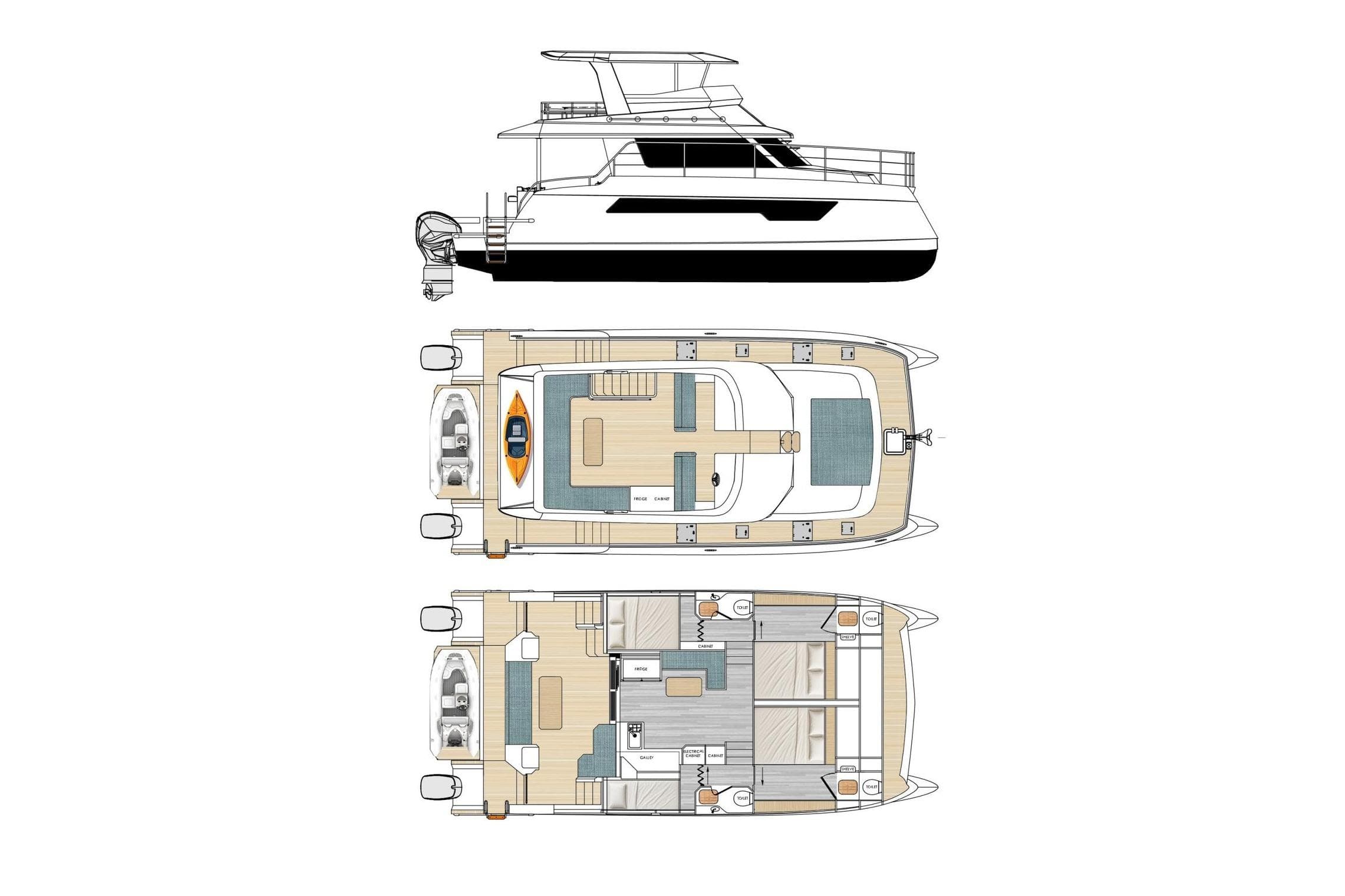 2026 PowerPlay Catamarans PP42 Charter layout with side and top views.