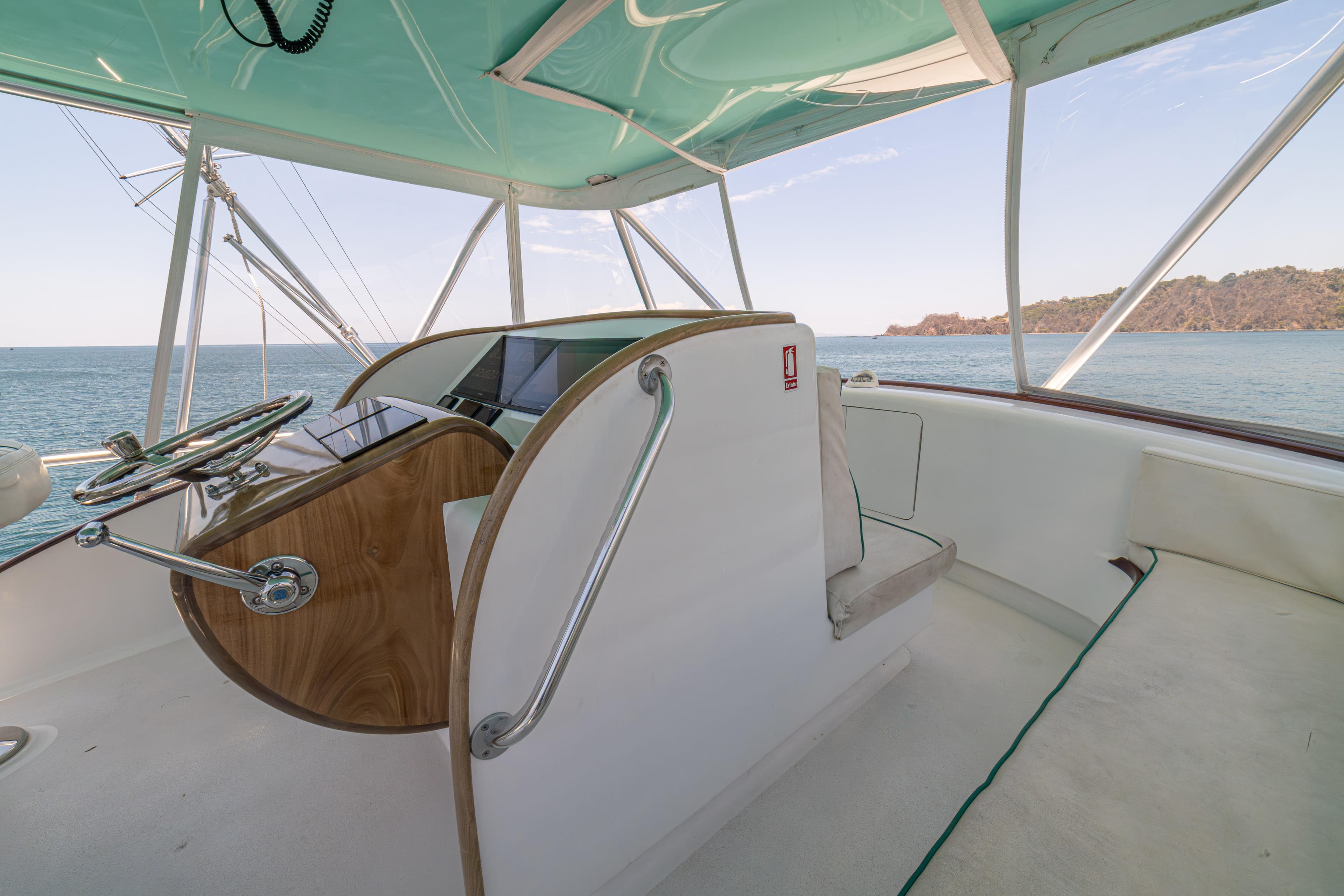 Helm of 2020 Maverick Yachts Costa Rica 50 Sportfish with ocean view.