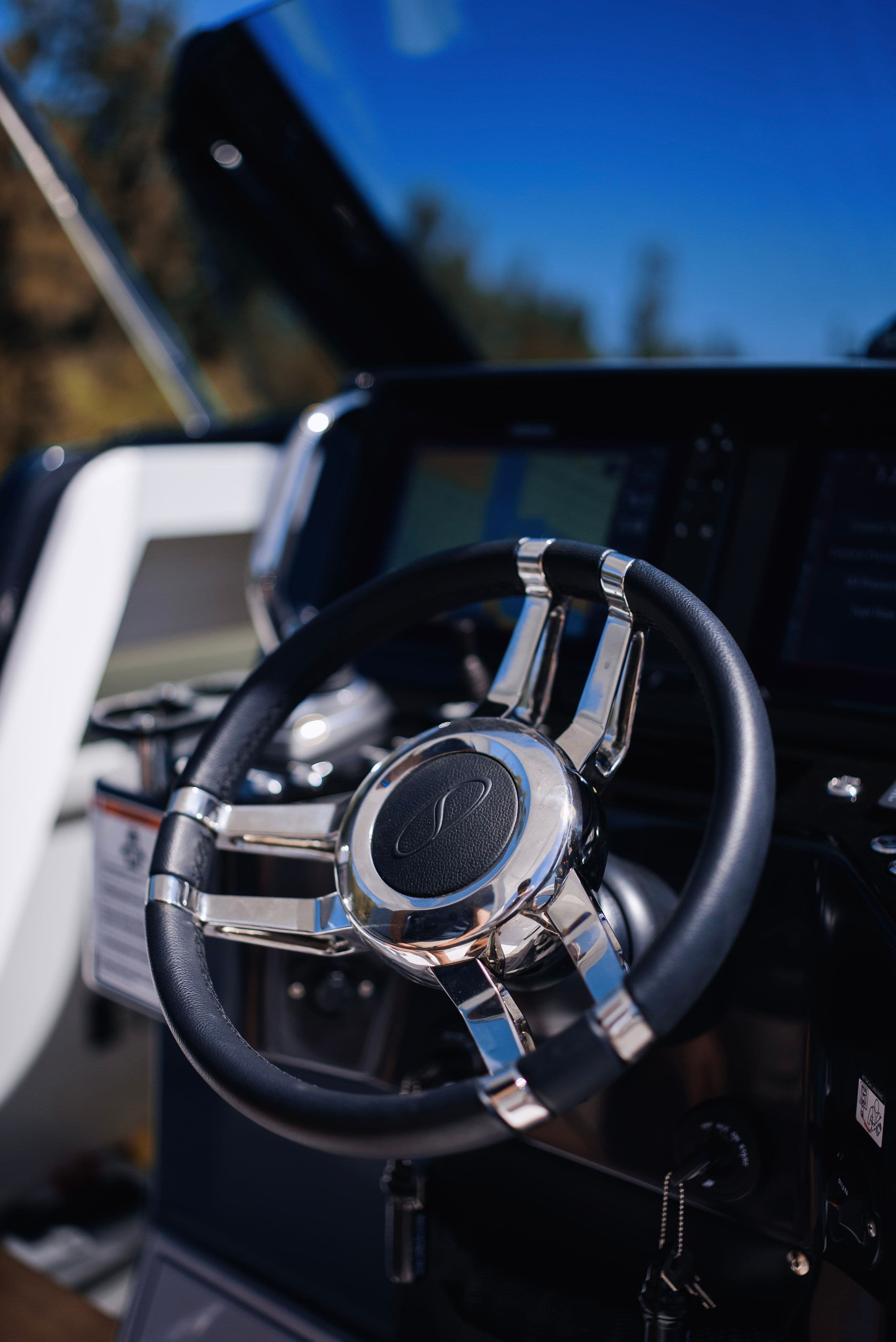 Steering wheel of Schaefer V33SF boat, 2027 model.