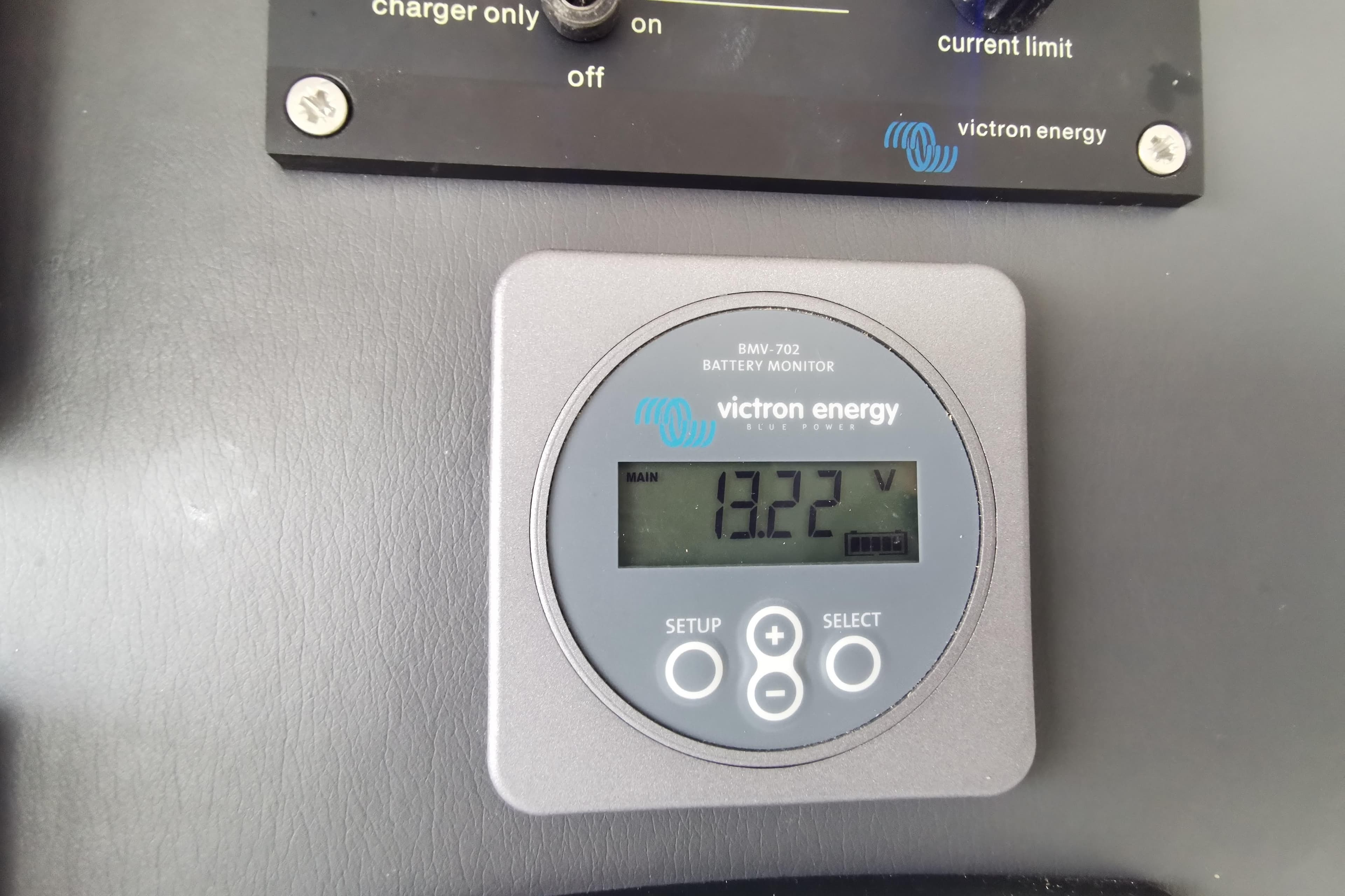 Battery monitor displaying 13.22 volts on a Leopard 58, 2020 model.