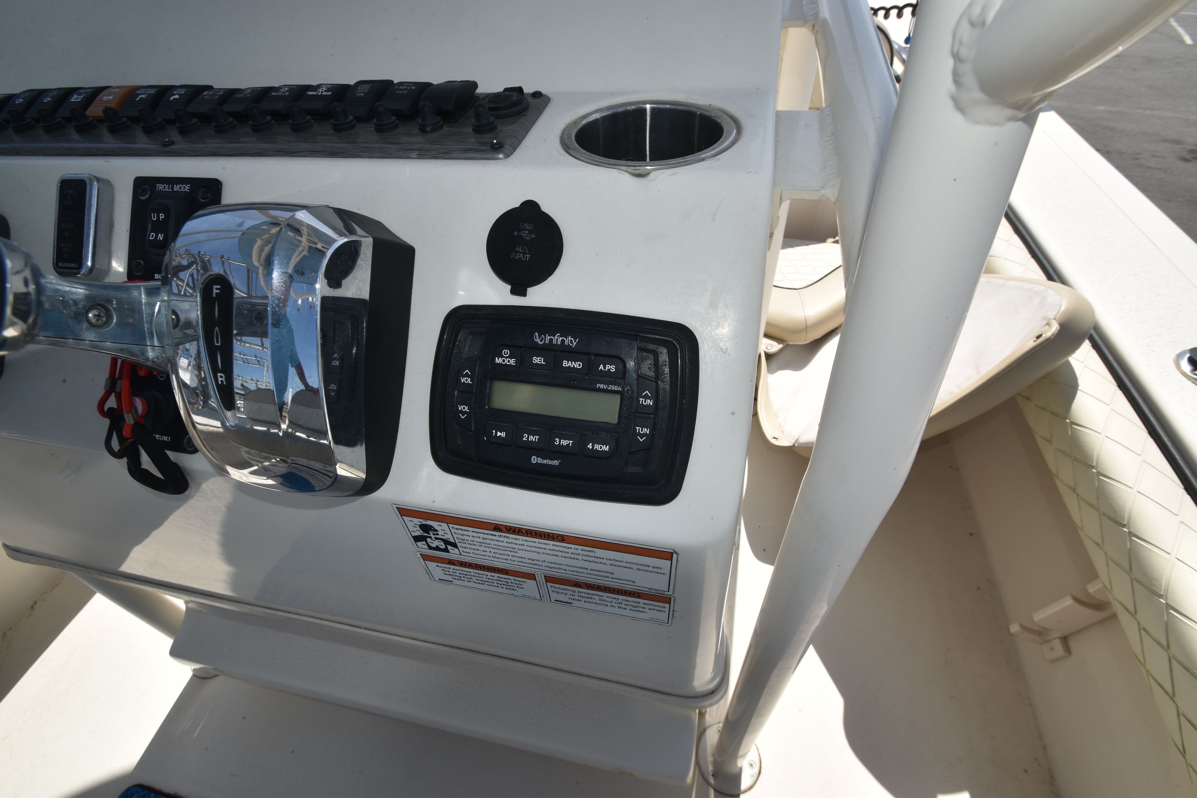 Control console of a 2021 Carolina Skiff Ultra Elite 26 boat.