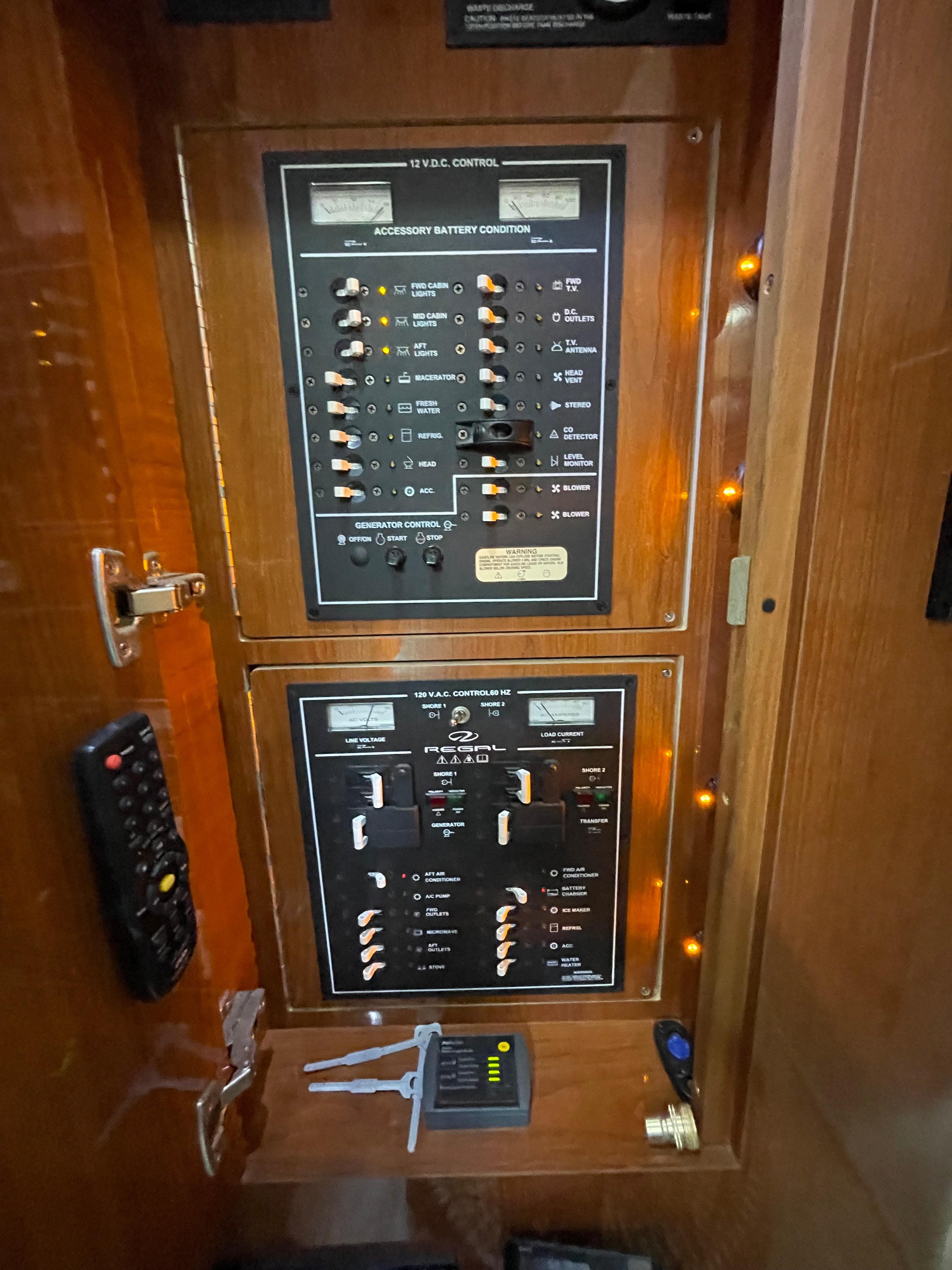 Electrical control panel of a 2005 Regal Commodore 3560 IB boat.