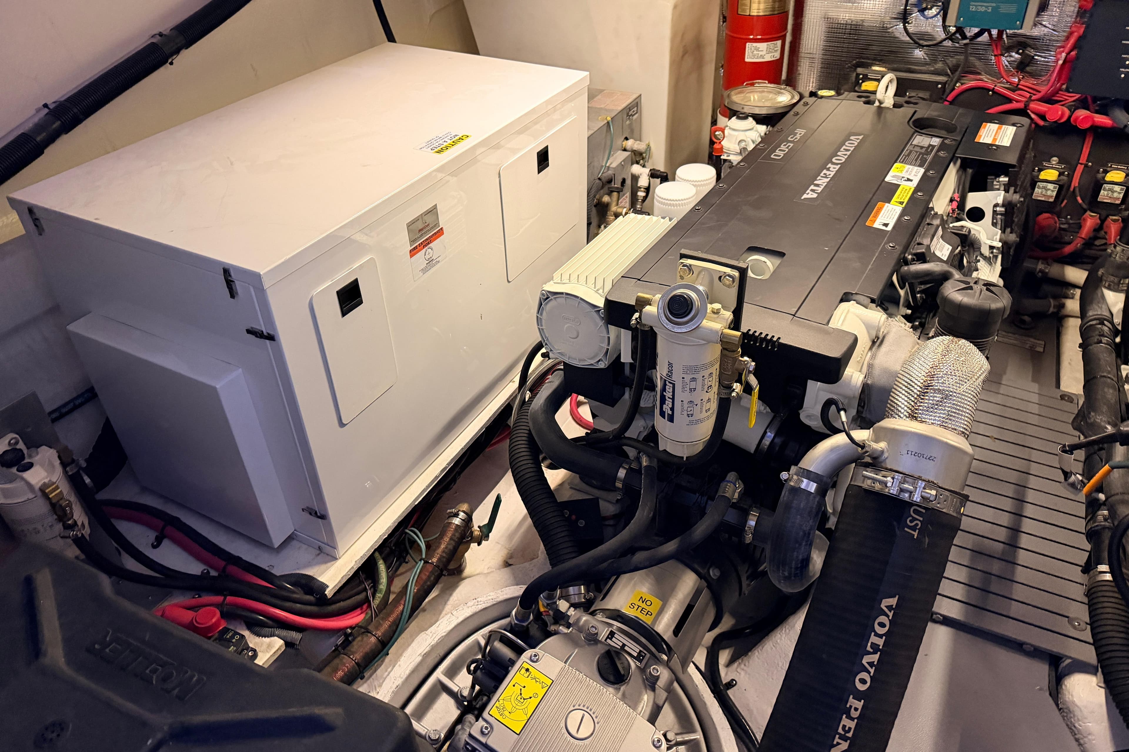Engine room of a 2019 Regal 42 Grande Coupe with Volvo Penta engine.