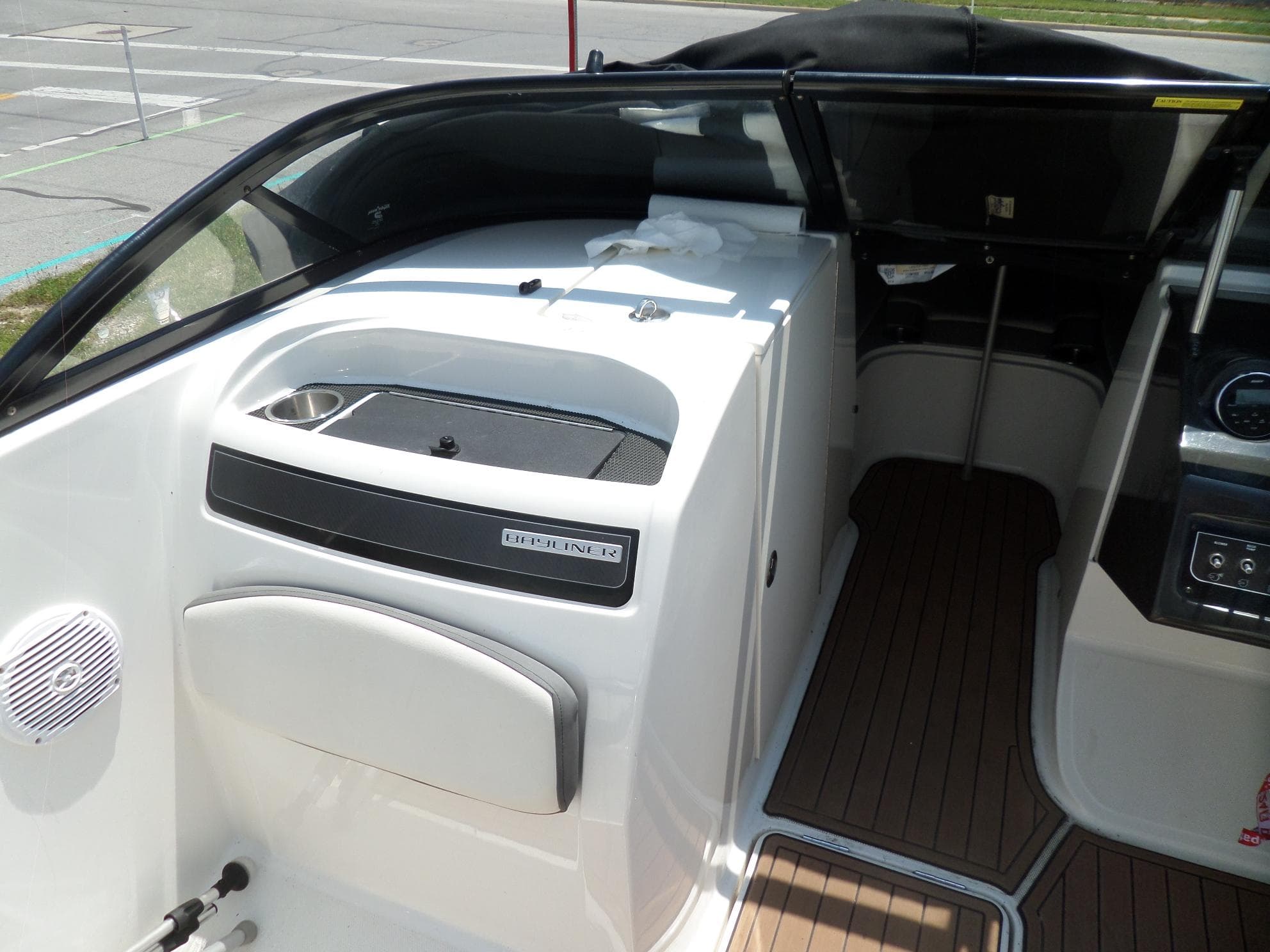 2017 Bayliner VR6 Bowrider I/O interior with seating and dashboard view.