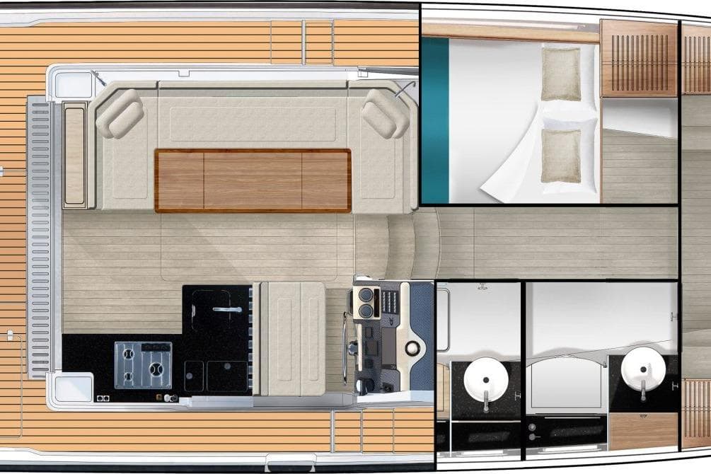 Interior layout of 2026 Delphia D10 Sedan, featuring modern kitchen and living area.