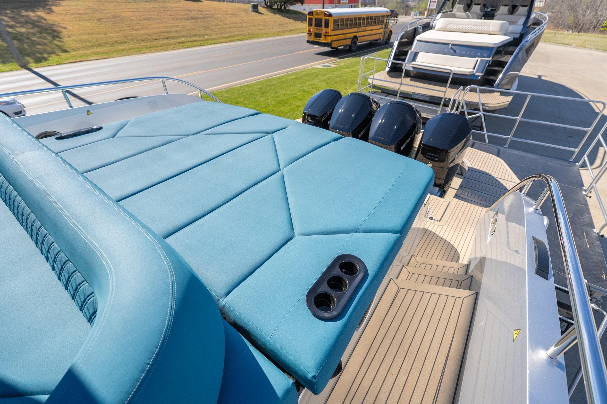 Luxury Dutch American DA 53 yacht with blue sunbed and powerful outboard engines, 2026 model.