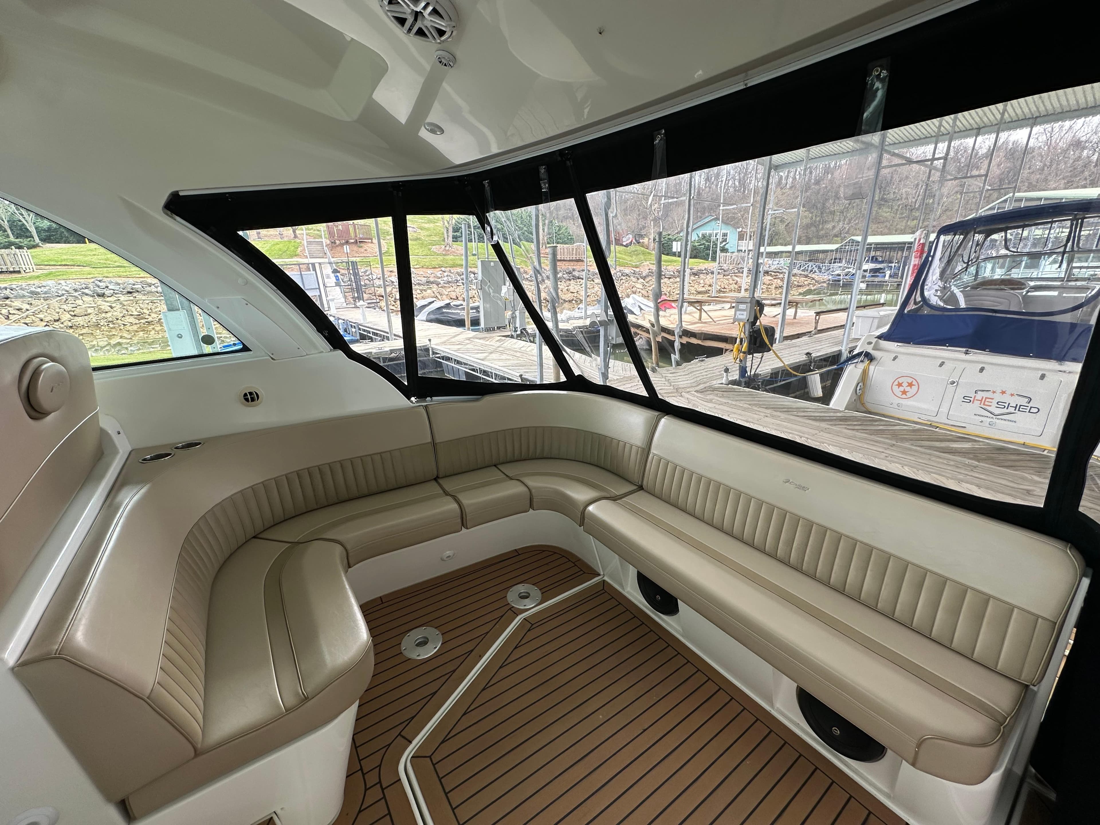 2009 Cruisers Yachts 420 Sports Coupe interior with beige seating and wood flooring.