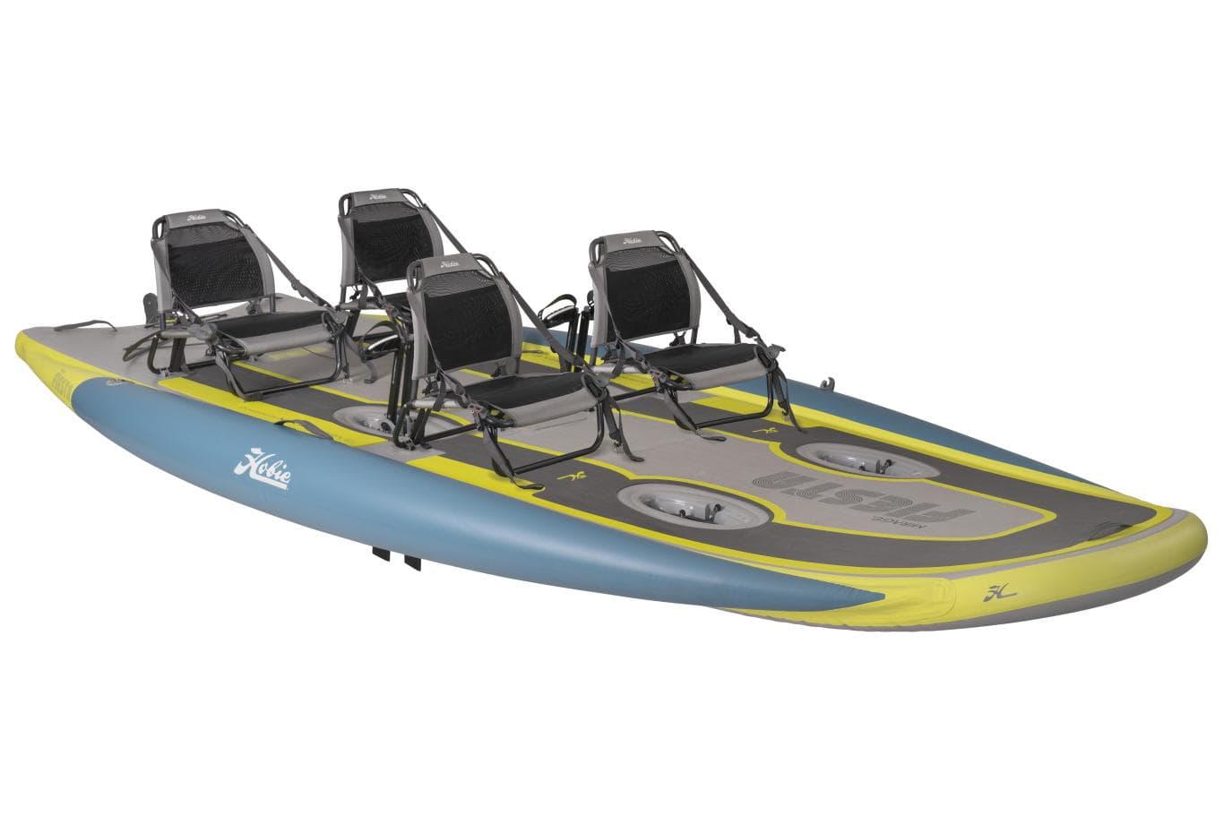 2025 Hobie iTrek Fiesta inflatable kayak with four seats, blue and yellow design.