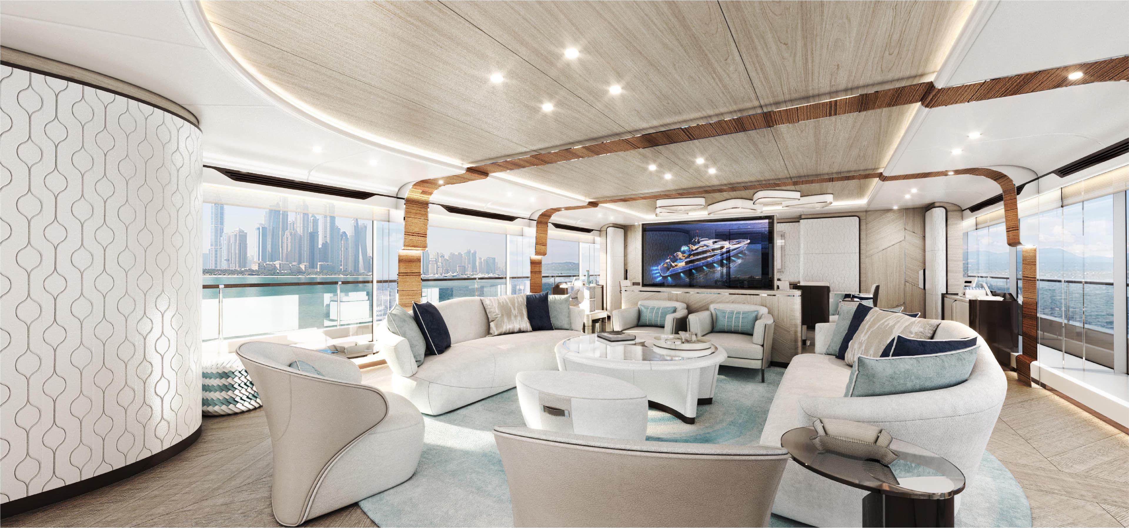 Luxurious interior of 2025 Majesty 160 yacht with modern furnishings and panoramic views.