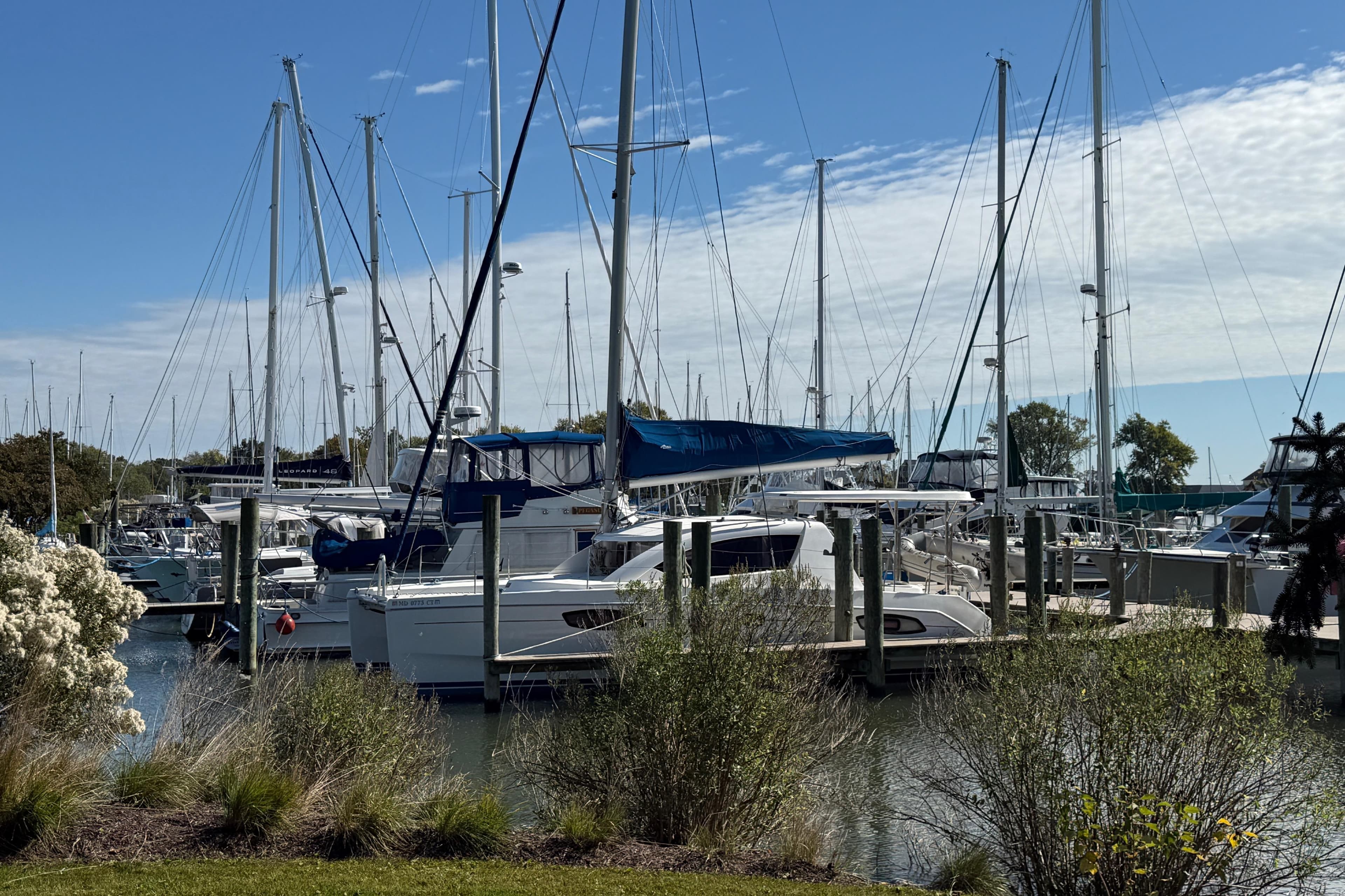 Boats docked at a marina under a clear blue sky, featuring a 2010 Leopard 38.