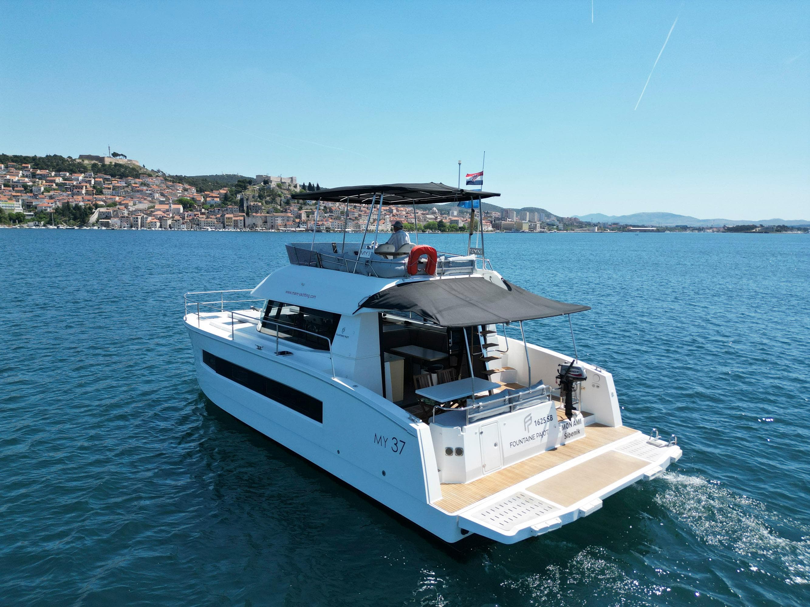 Fountaine Pajot MY 37 yacht cruising on a sunny day, 2019 model.