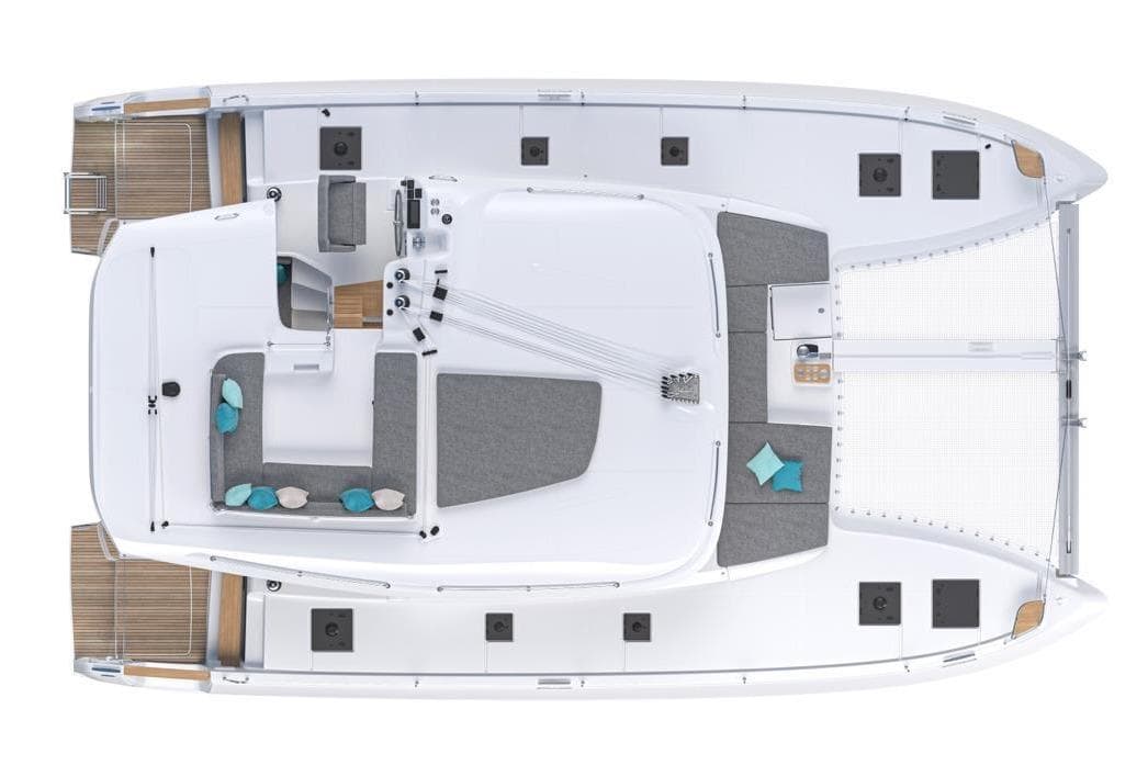 Top view of 2025 Lagoon 43 catamaran layout with seating and deck features.