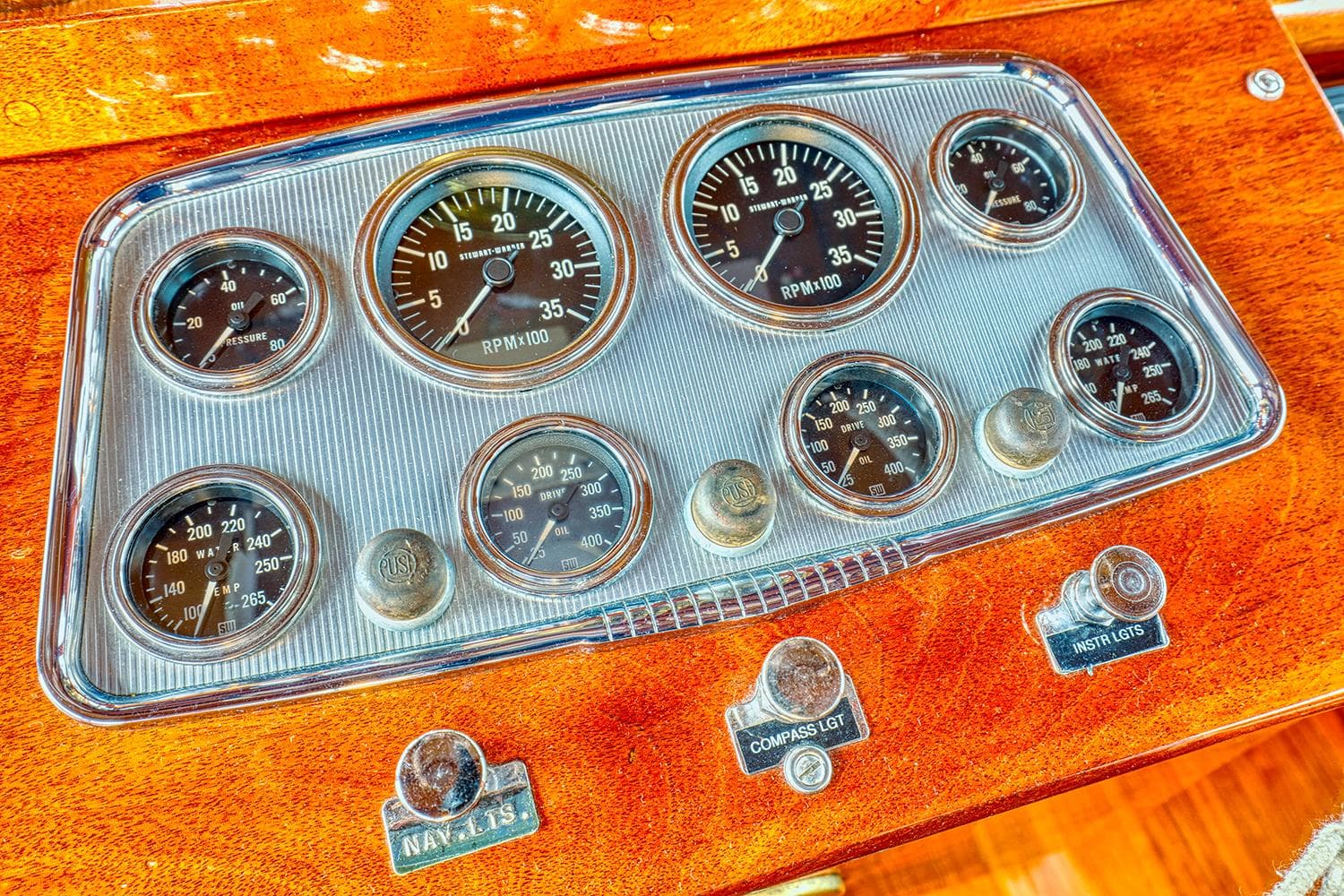 Dashboard of a 1926 Hacker-Craft Bridge Deck boat.