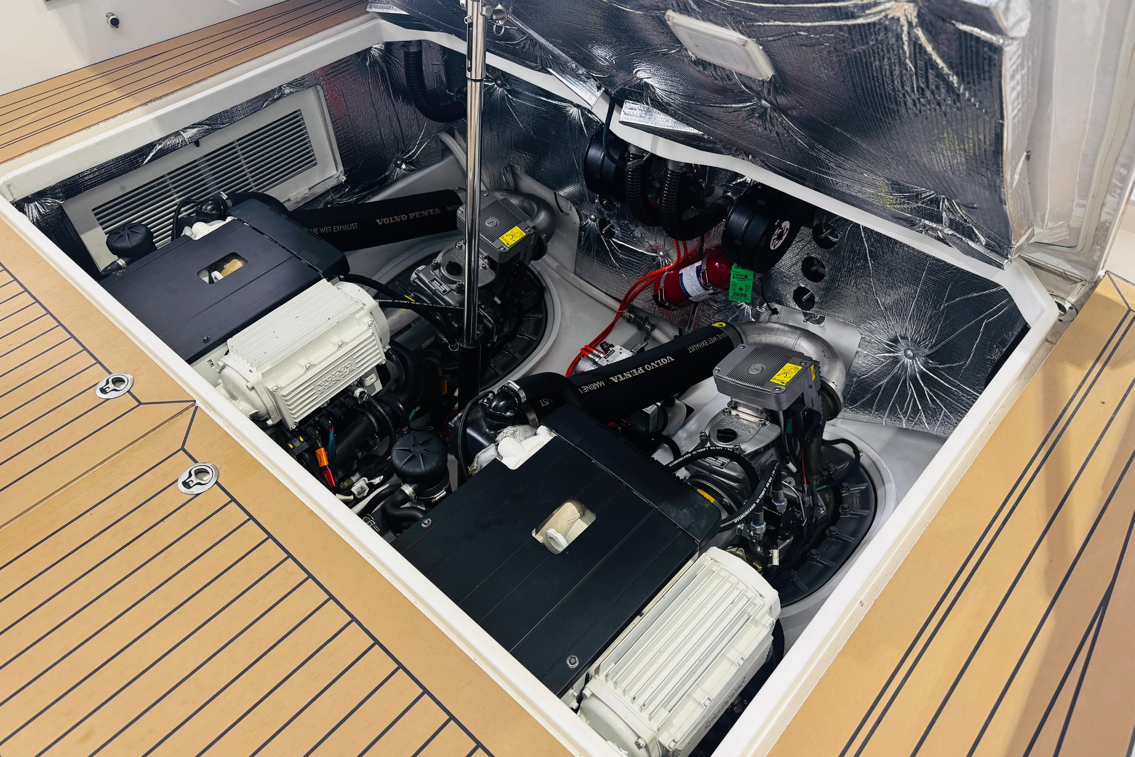 Engine compartment of a 2018 MJM 40z boat with Volvo Penta engines.