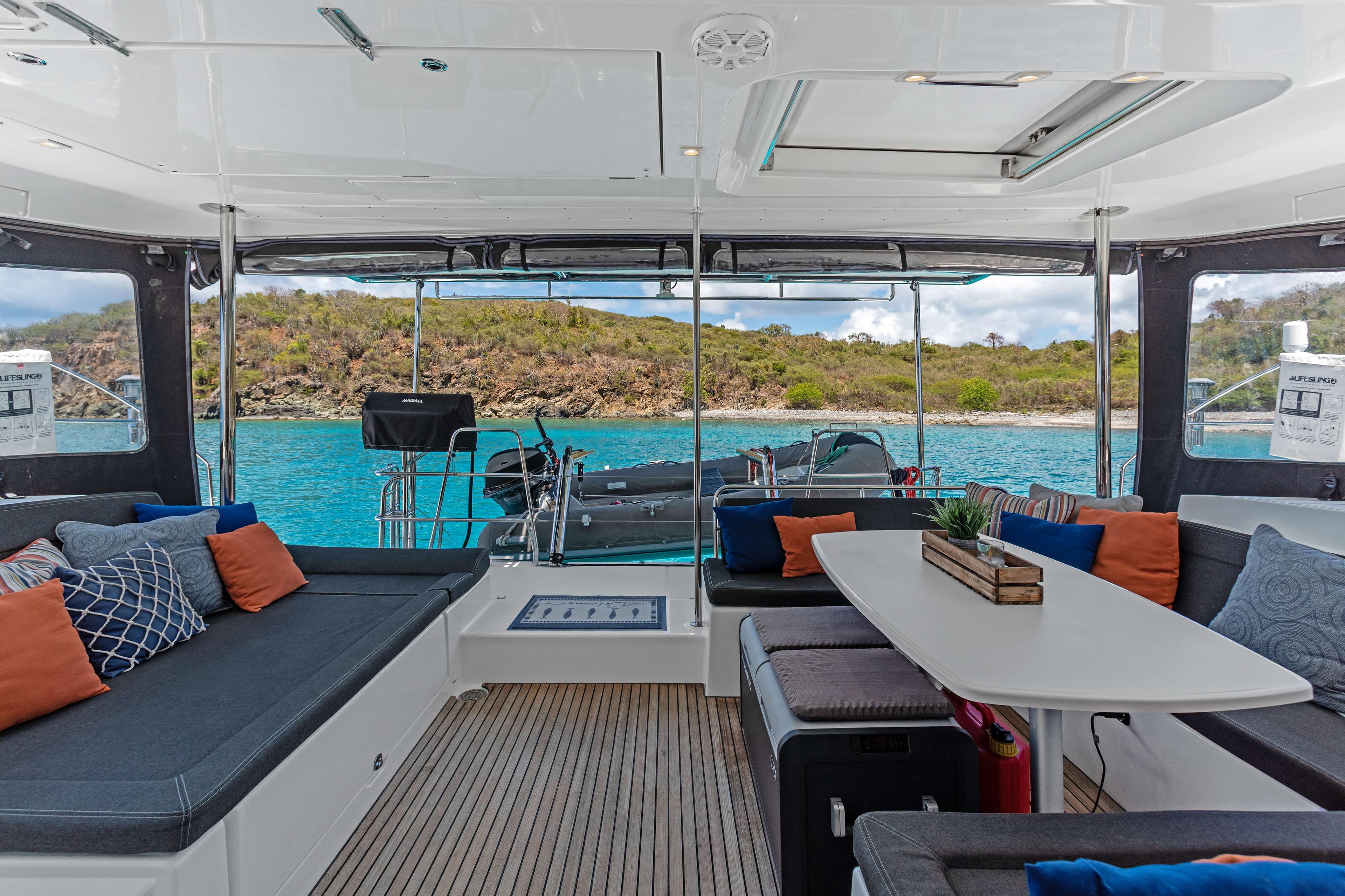 Interior of 2017 Lagoon 450 F yacht with scenic ocean view.