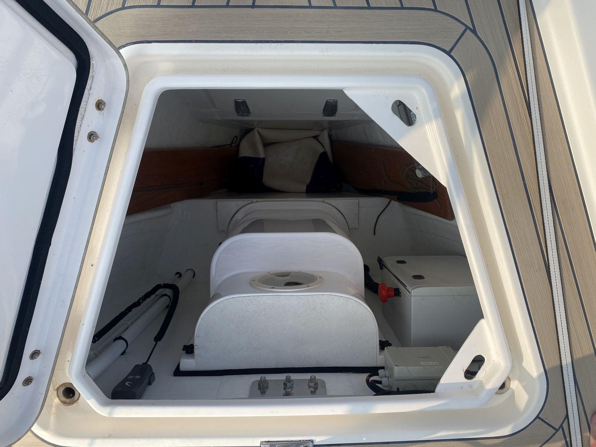 Storage compartment in 2015 Amel 55 sailboat.