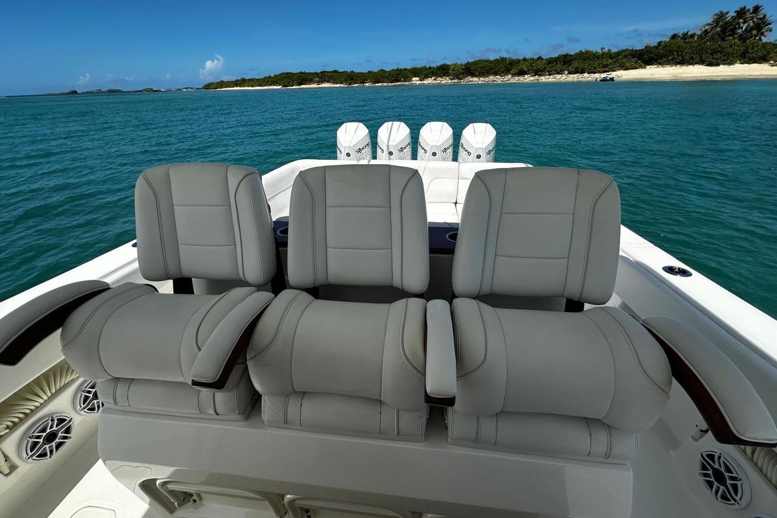 2022 SeaVee 390Z boat with luxurious seating, ocean view, and powerful engines.