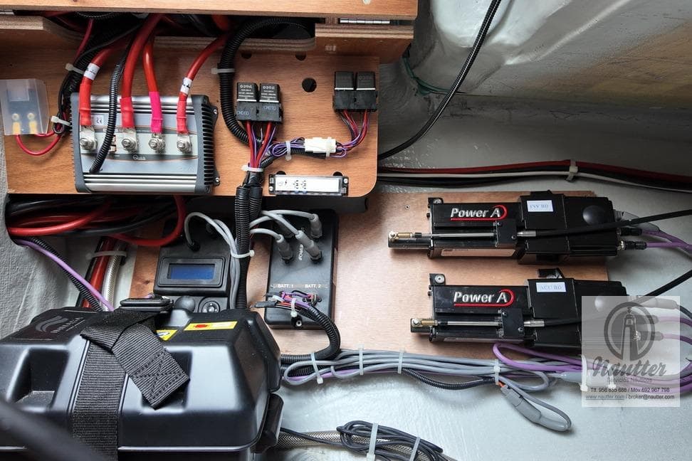 Electrical system setup in a 2023 Lagoon 46 yacht, featuring wiring and components.