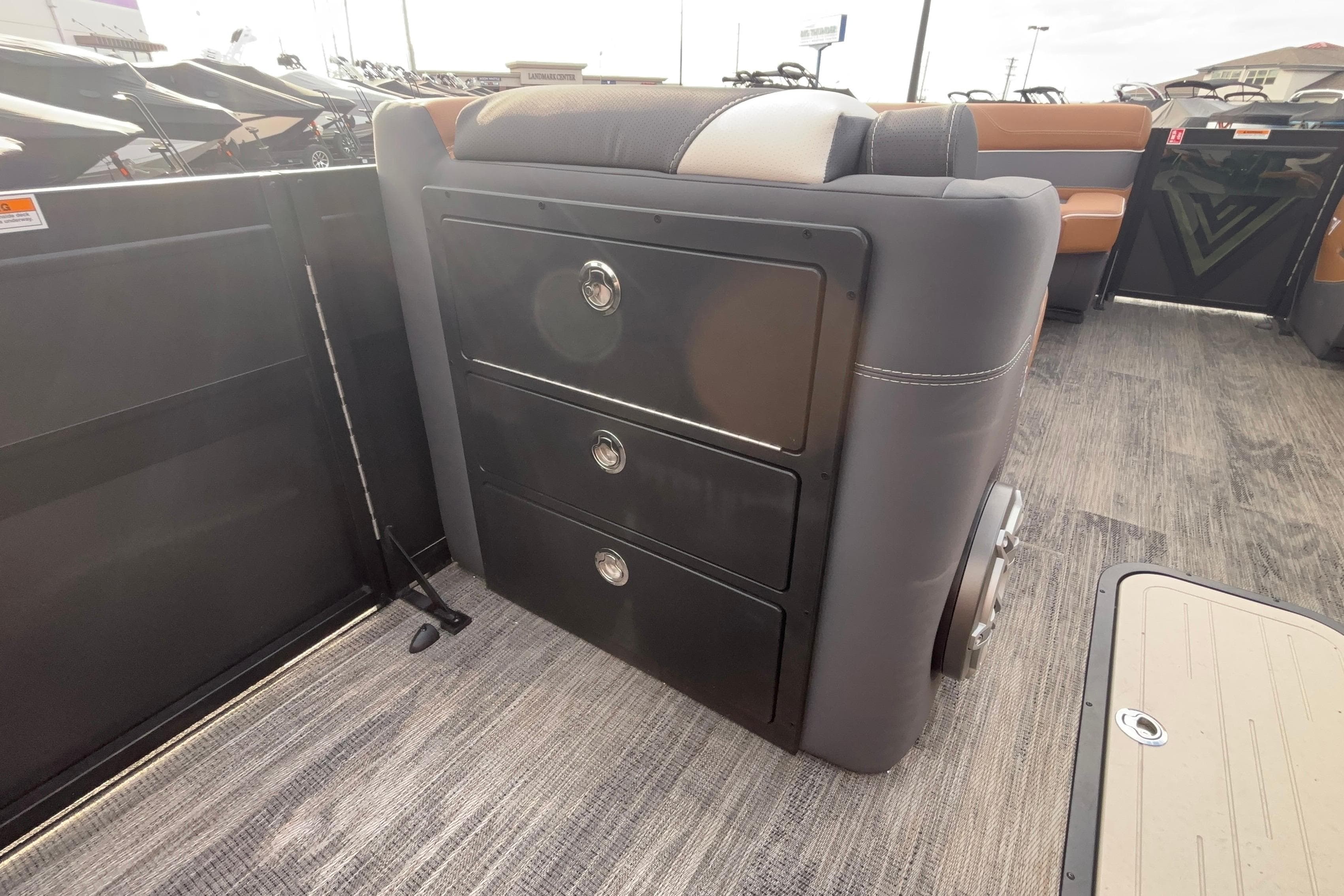 Interior of 2026 Viaggio Diamante U 26 boat with storage compartments.