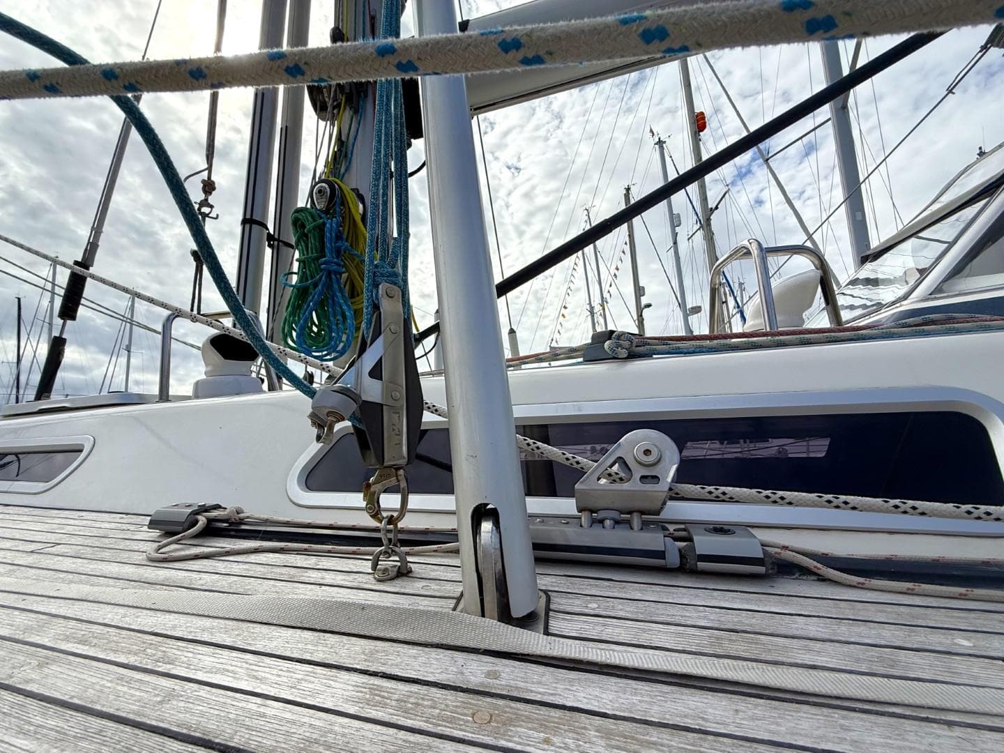 Deck view of a 2002 Najad 490 sailboat, showcasing rigging and fittings.