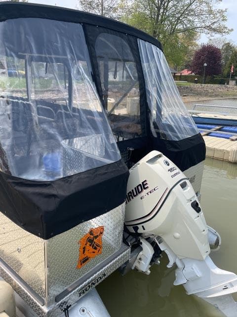 Pontoon boat with Evinrude E-TEC motor, Sun Party Custom Diamond model, docked on calm water.