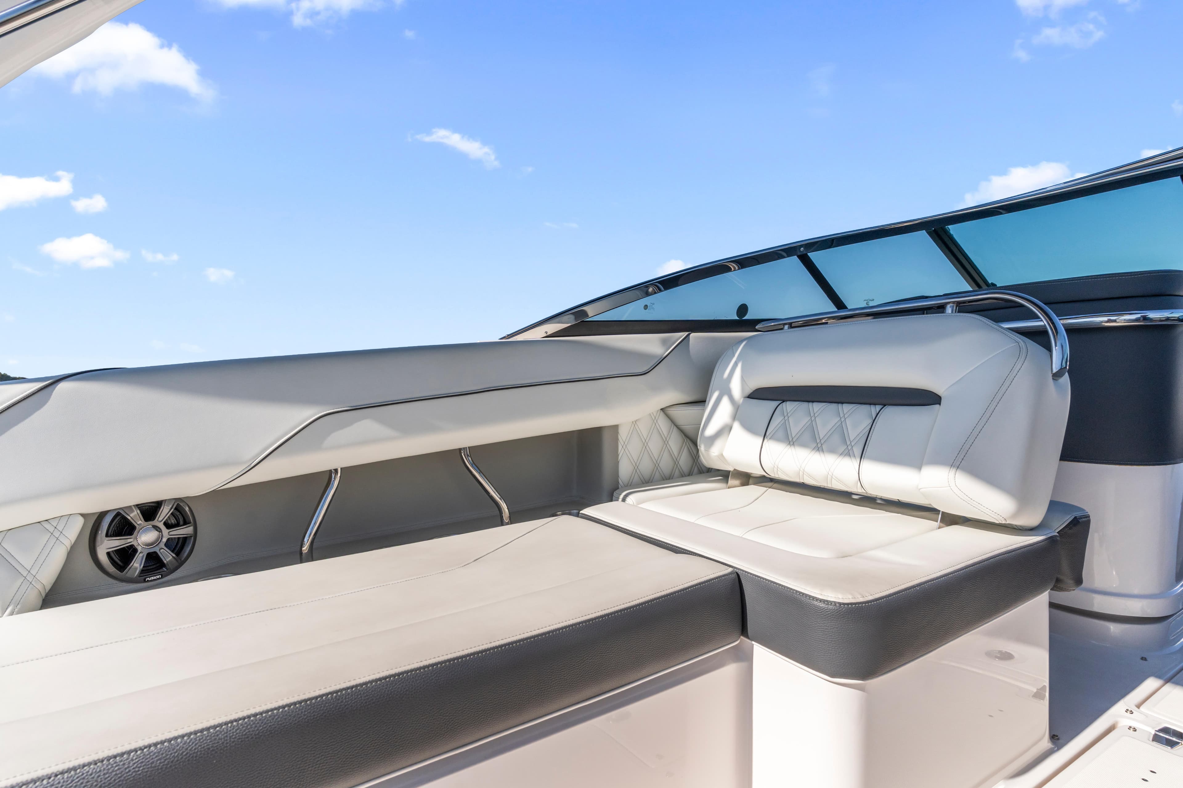 Luxurious seating on 2021 Regal LS6 boat with sleek design and modern upholstery.