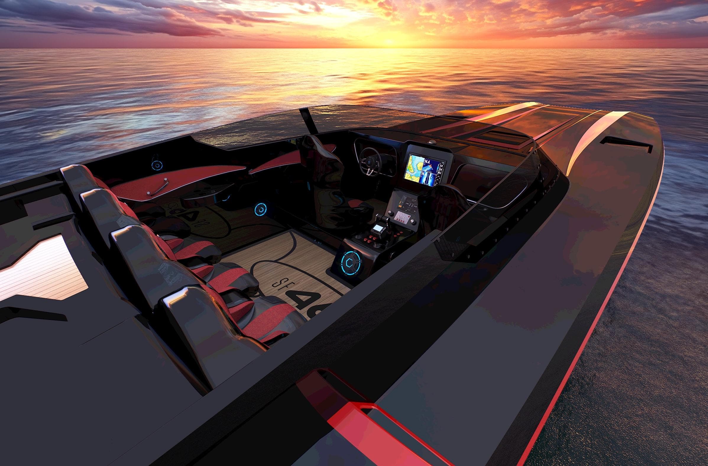 VisionF Superfast 46R 2025 luxury speedboat interior at sunset on the ocean.