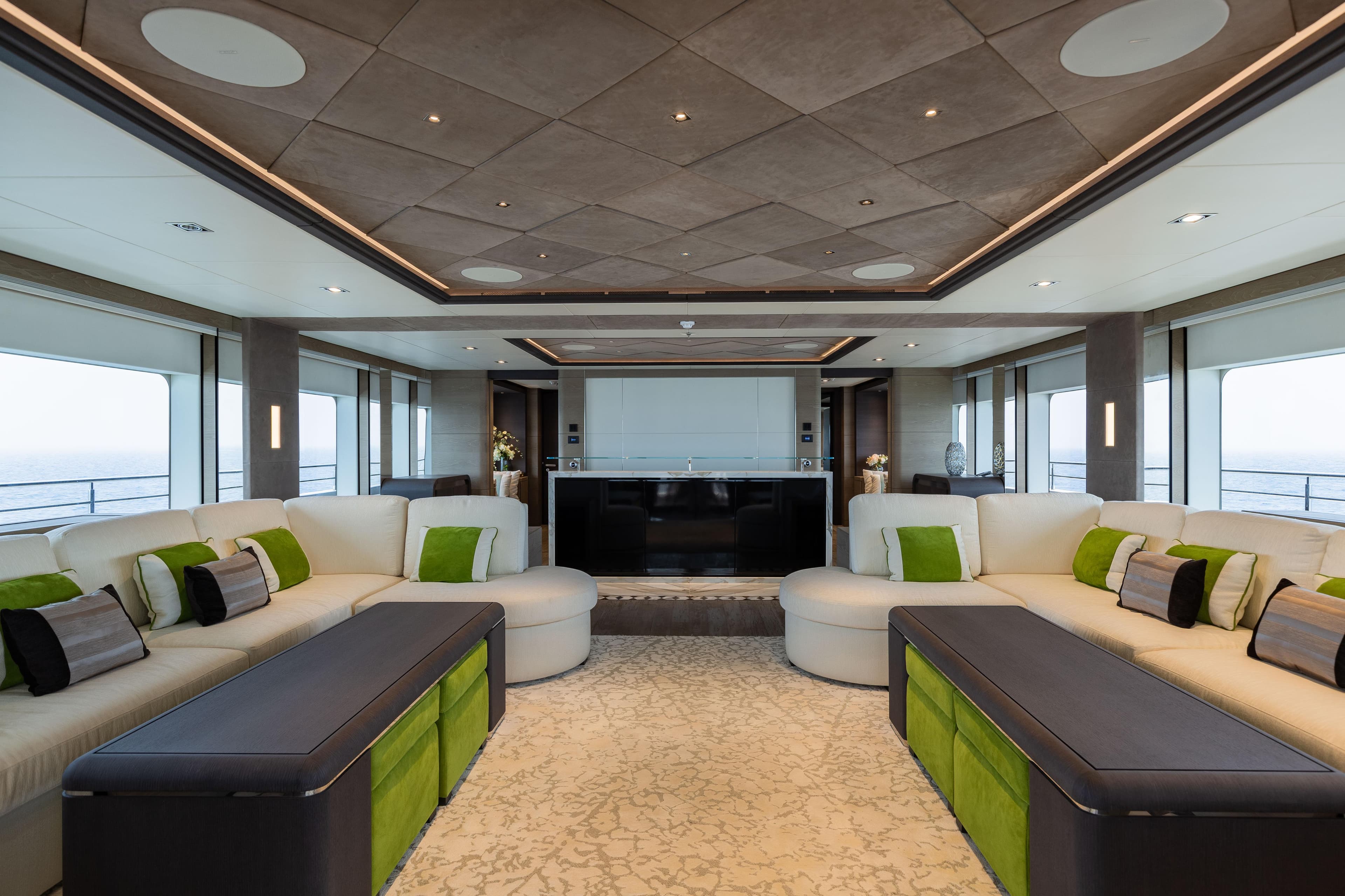 Luxurious interior of 2023 Gulf Craft Majesty 175 yacht with elegant seating and modern design.