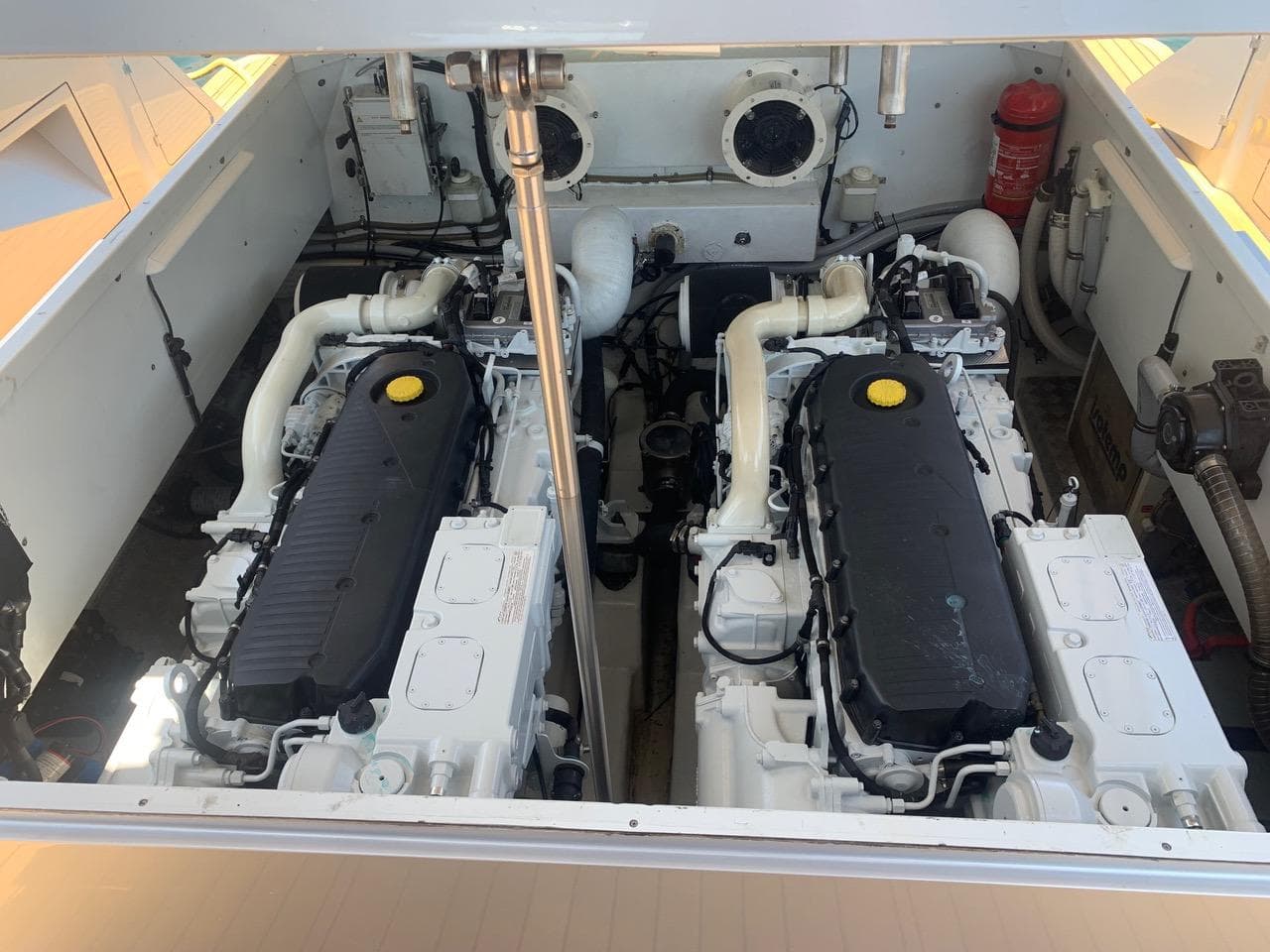 Engine room of a 2017 Maori 50 yacht with twin engines.