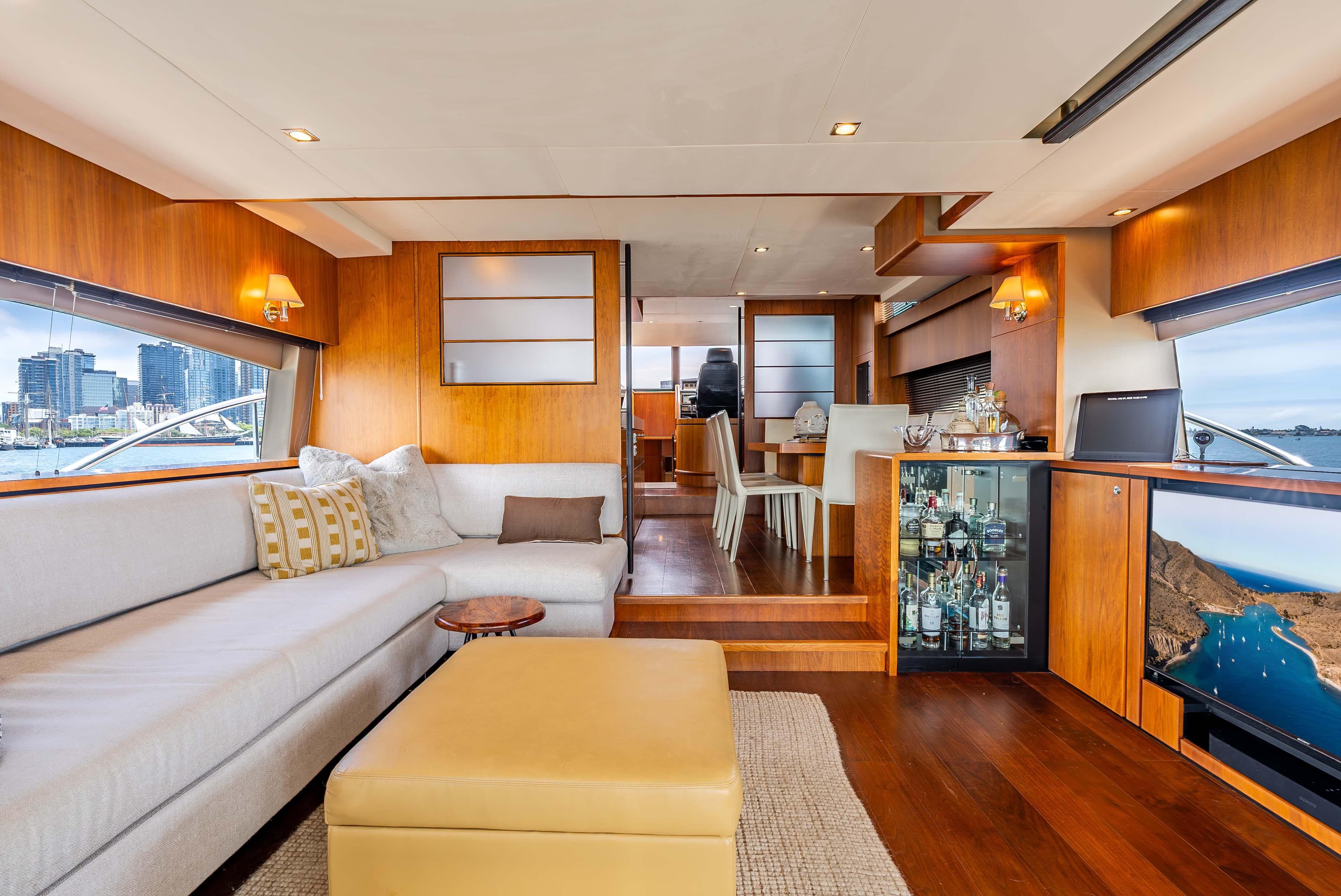 Luxurious 2013 Fairline Squadron yacht interior with elegant wood finishes and modern amenities.