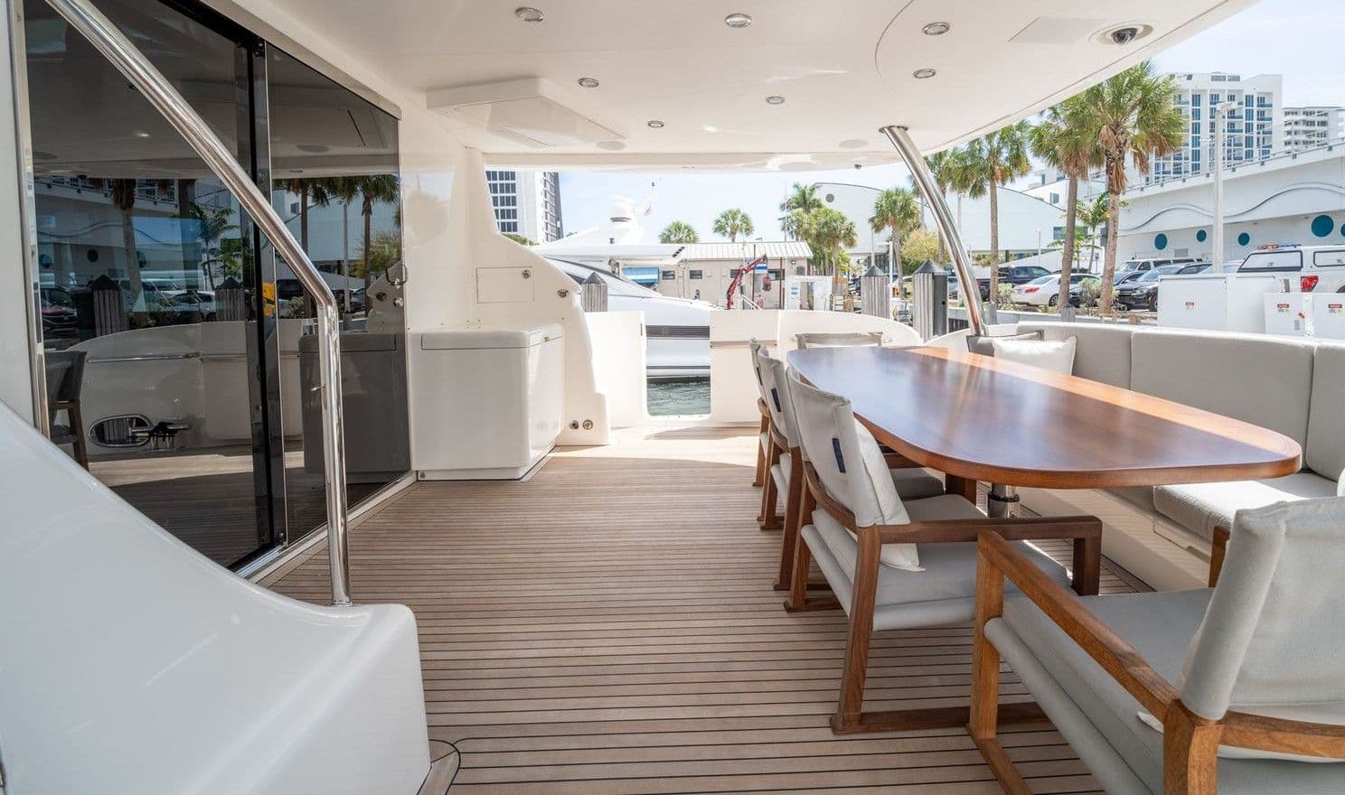 Luxurious outdoor seating on a 2013 Horizon E88 yacht.