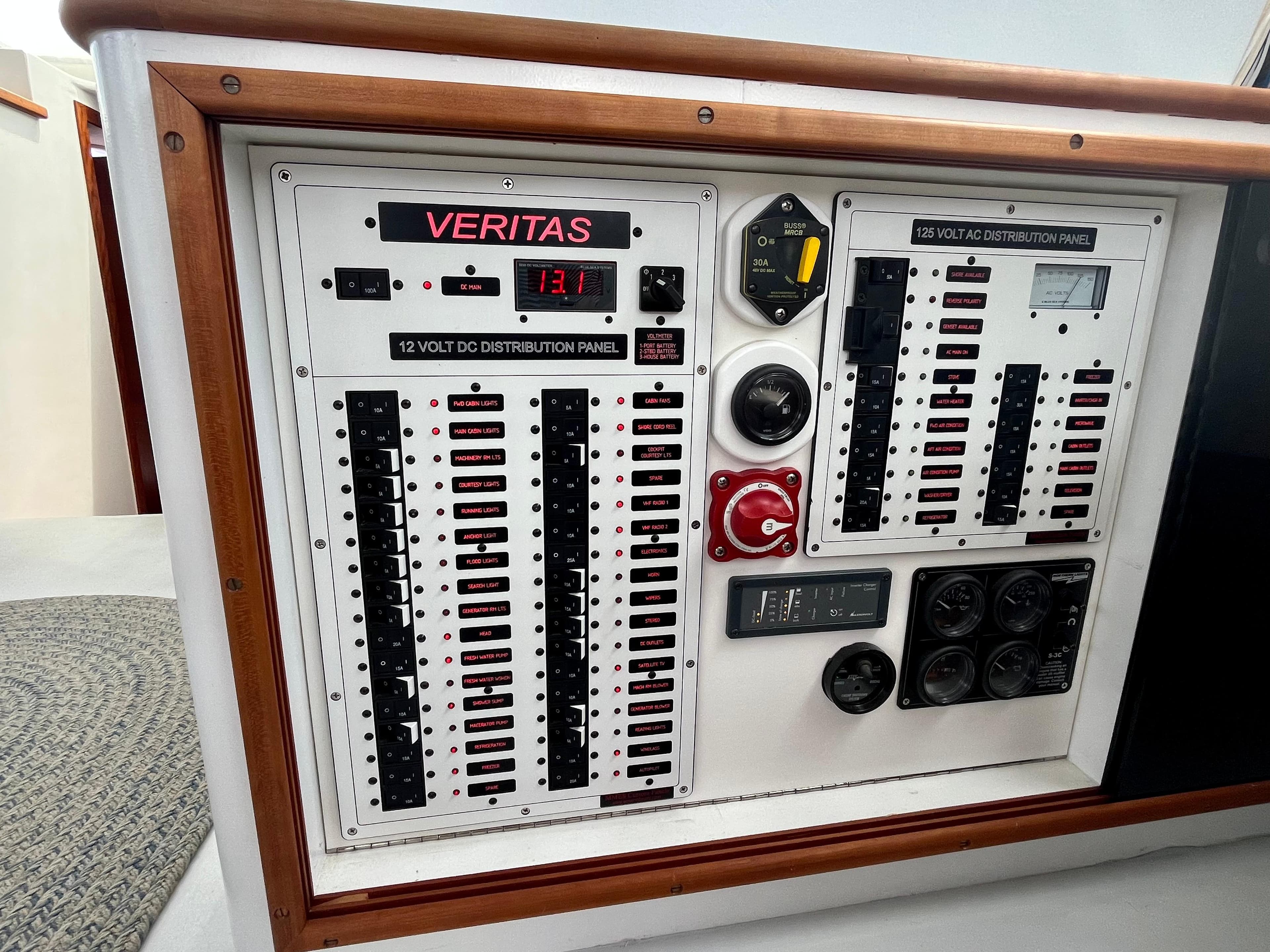 Electrical control panel on 2016 Wesmac 42 boat, featuring Veritas 12V DC distribution.