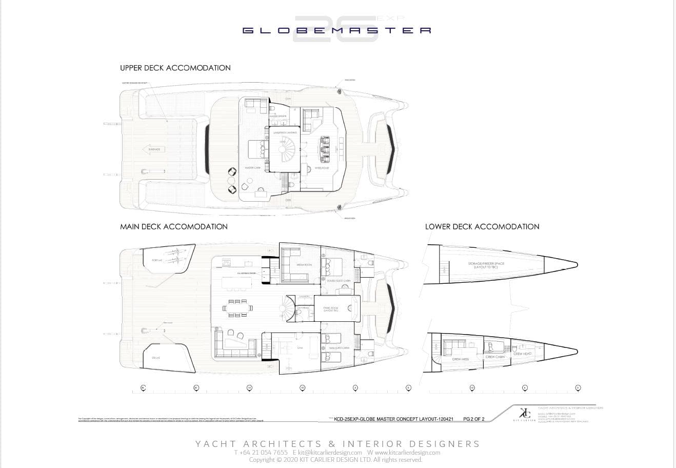 Floor plans of 2025 Mazarin Globemaster yacht, showcasing upper, main, and lower deck accommodations.